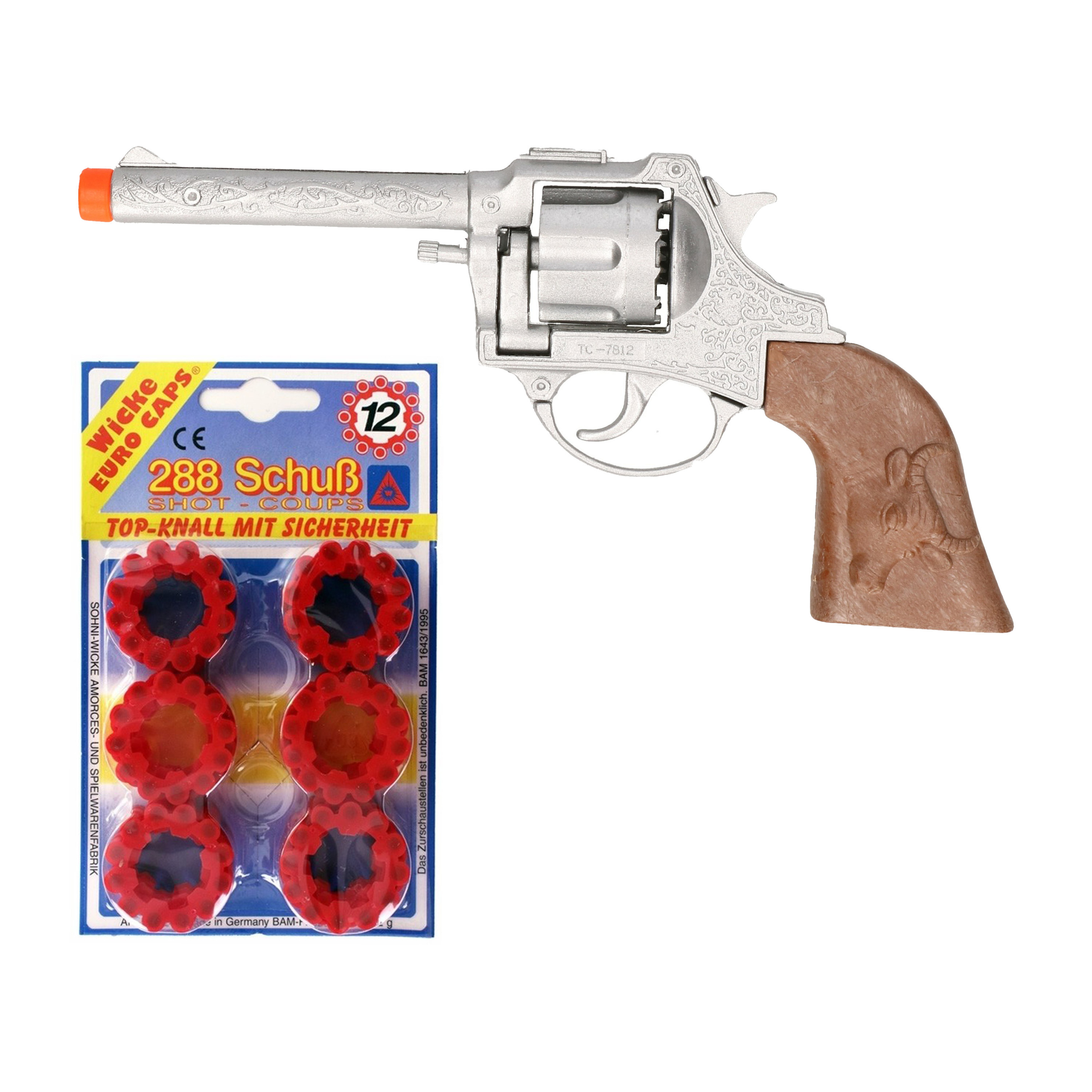 Cowboy speelgoed revolver/pistool - metaal - 12 schots plaffertjes - 288 shots -