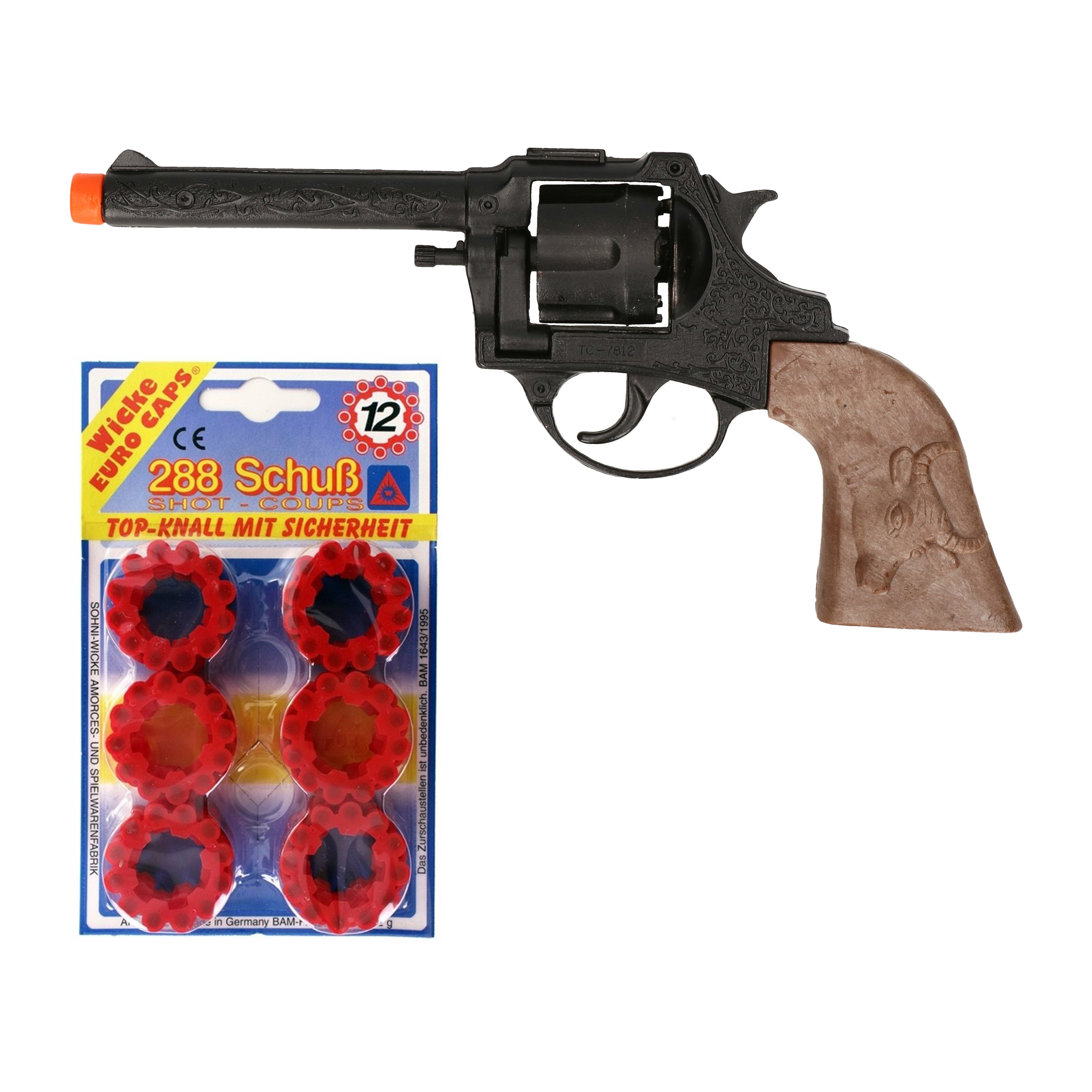 Cowboy speelgoed revolver/pistool - metaal - 12 schots plaffertjes - 288 shots -