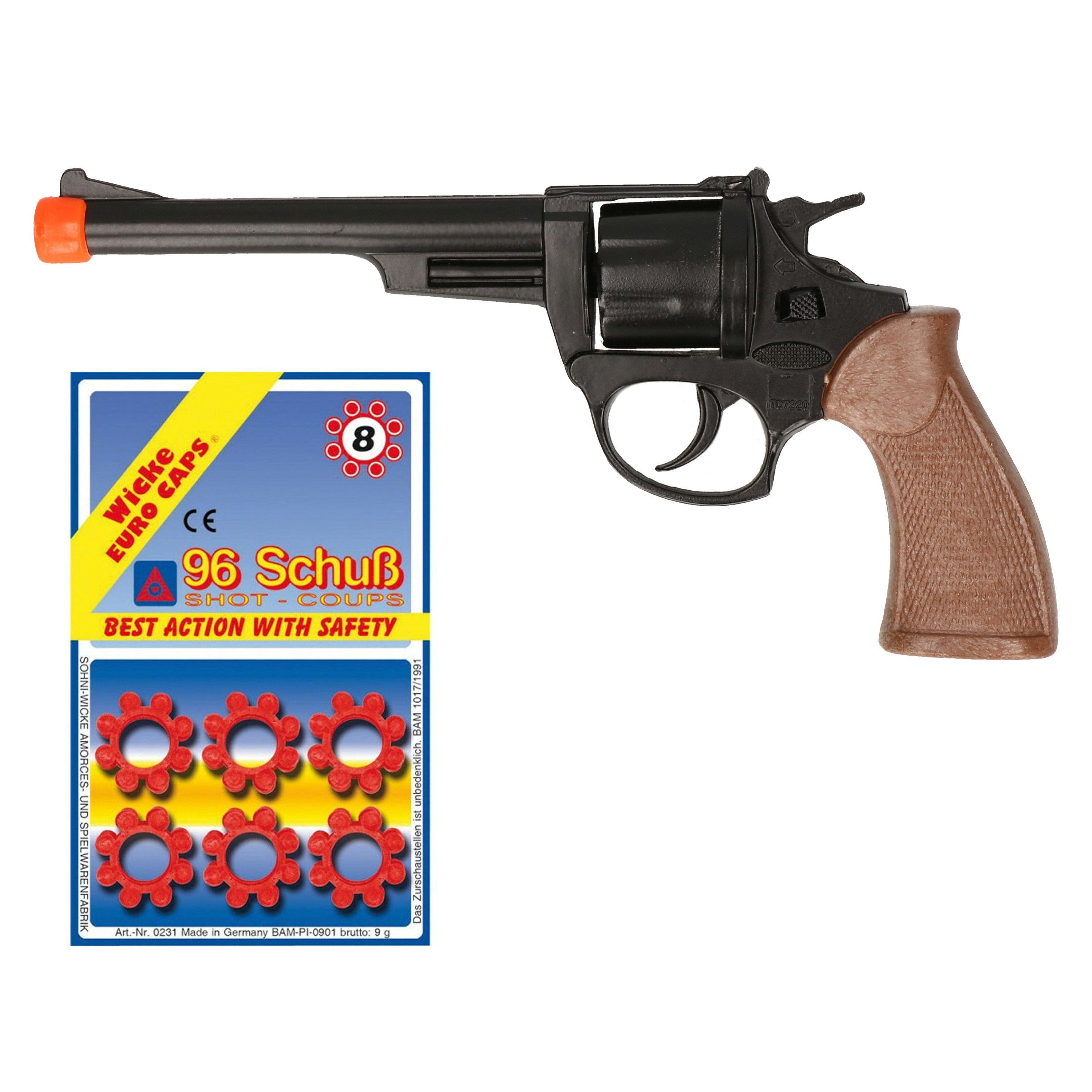 Cowboy speelgoed revolver/pistool - metaal - 8 schots plaffertjes - 96 shots in de set -