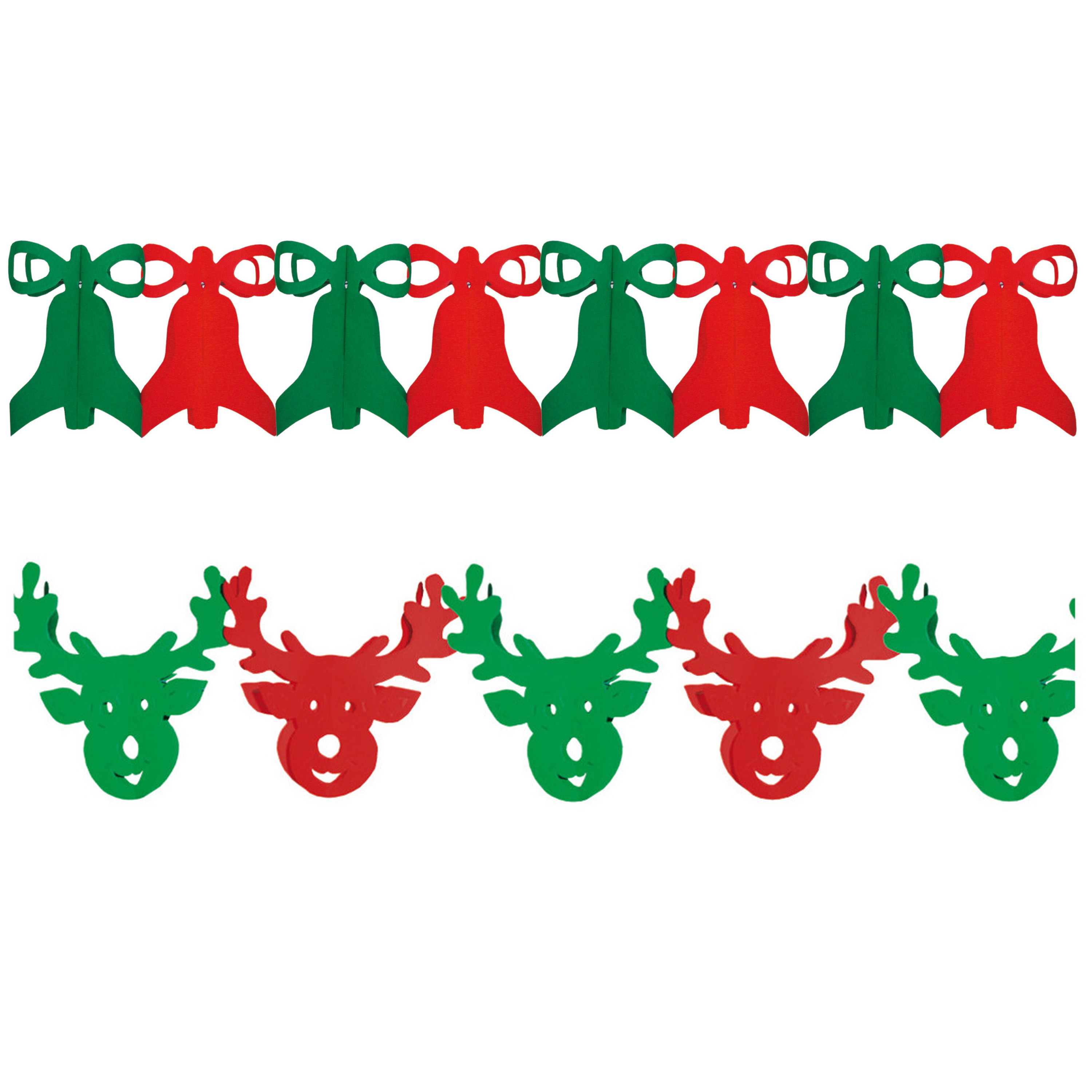 Kerstversiering slingers - set 2x stuks - kerstklokken en rendieren - 300 cm p/stuk - papier -