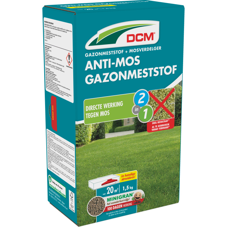 DCM Anti-mos Gazonmeststof 1,5 kg meststof Tot 20 m²