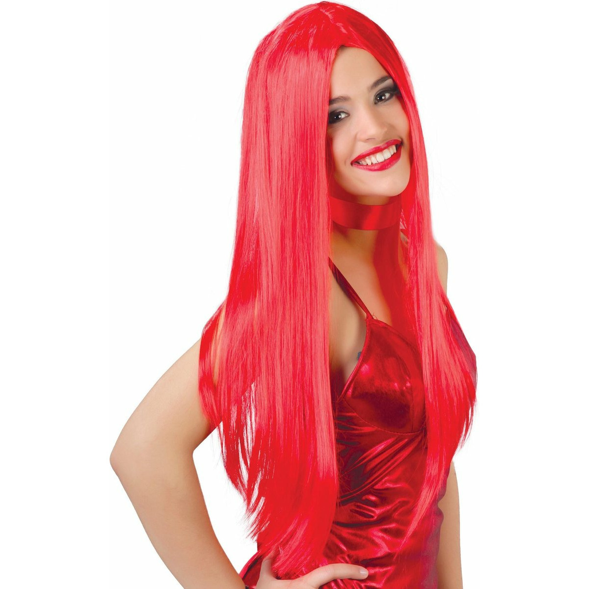 Carnaval verkleed pruik lang haar - rood - voor dames - one size -