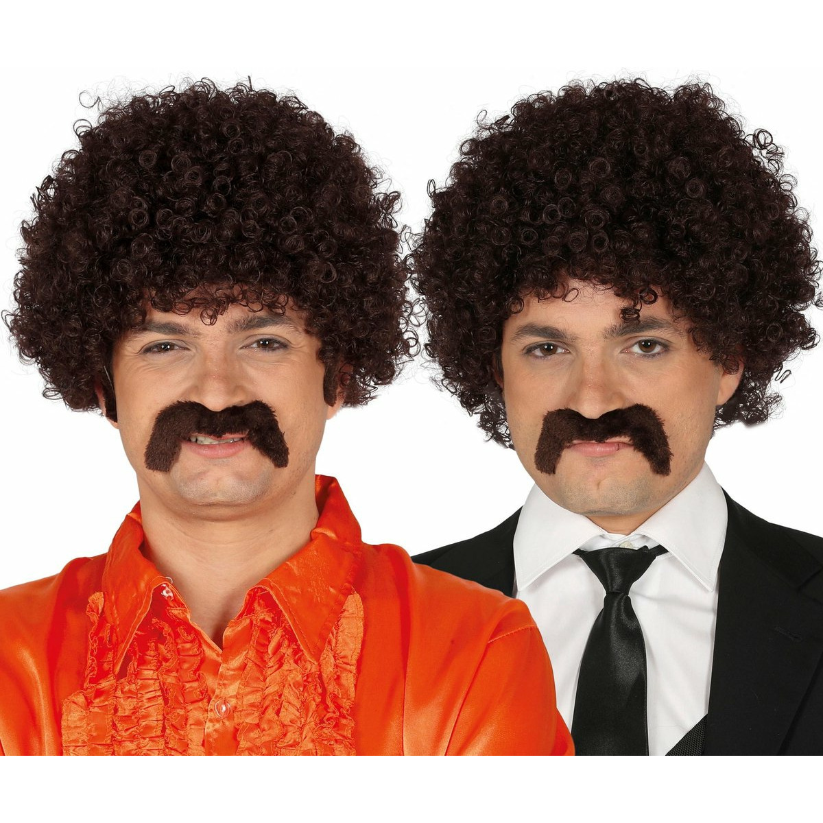 Verkleedpruik afro voor heren met krullen - inclusief snor - bruin - foute party -