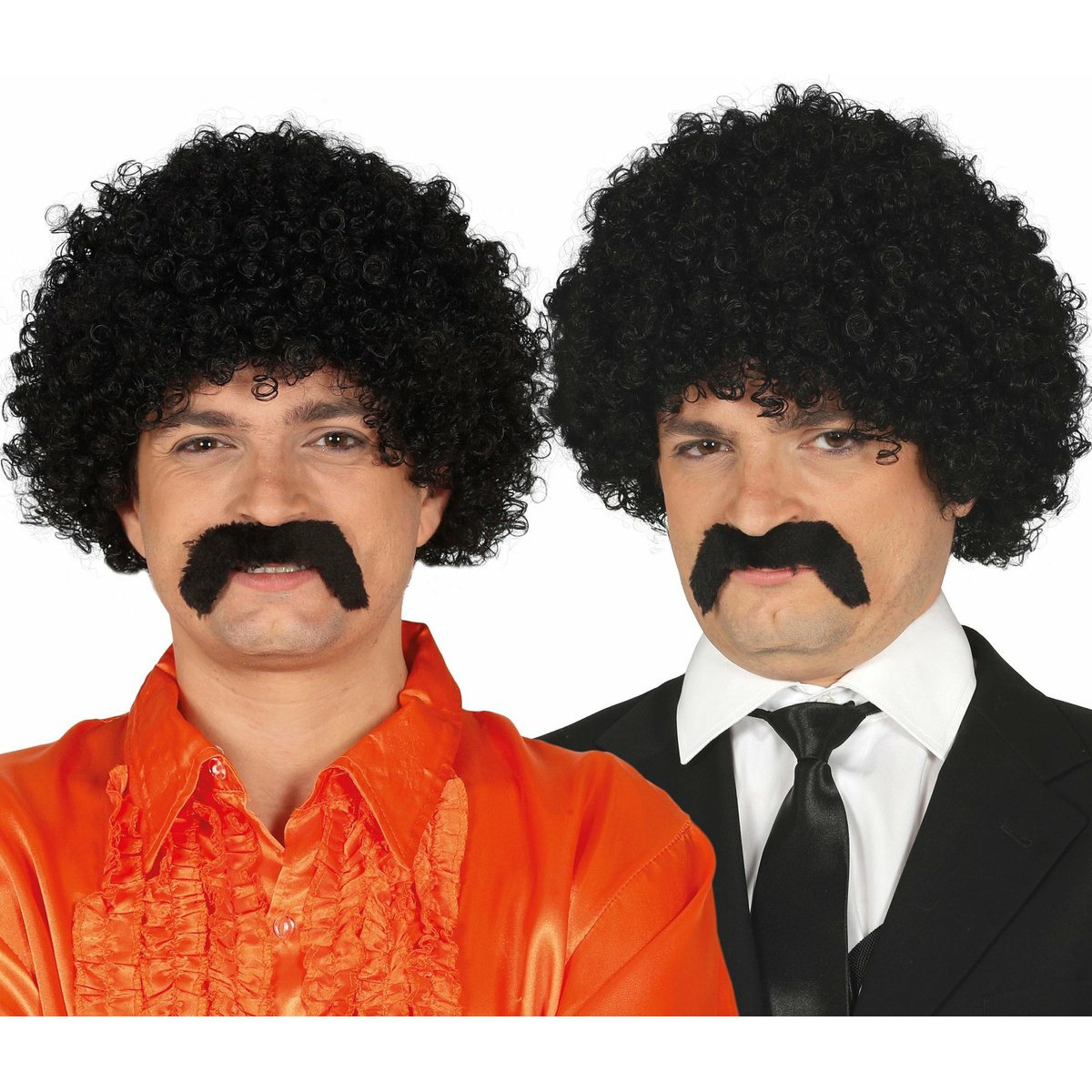 Verkleedpruik afro voor heren met krullen - inclusief snor - zwart - foute party -