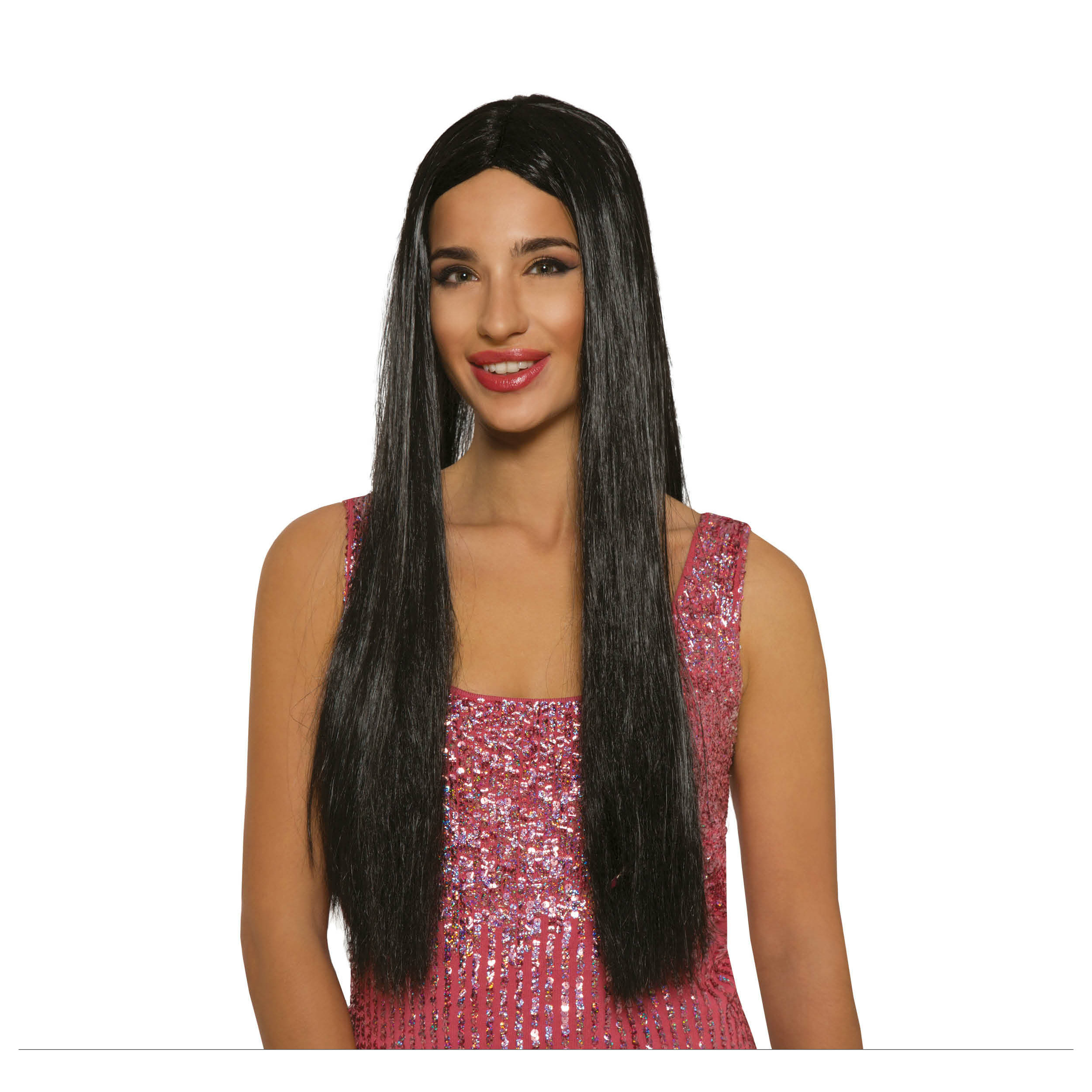 Carnaval verkleed pruik lang haar - zwart - voor dames - one size -