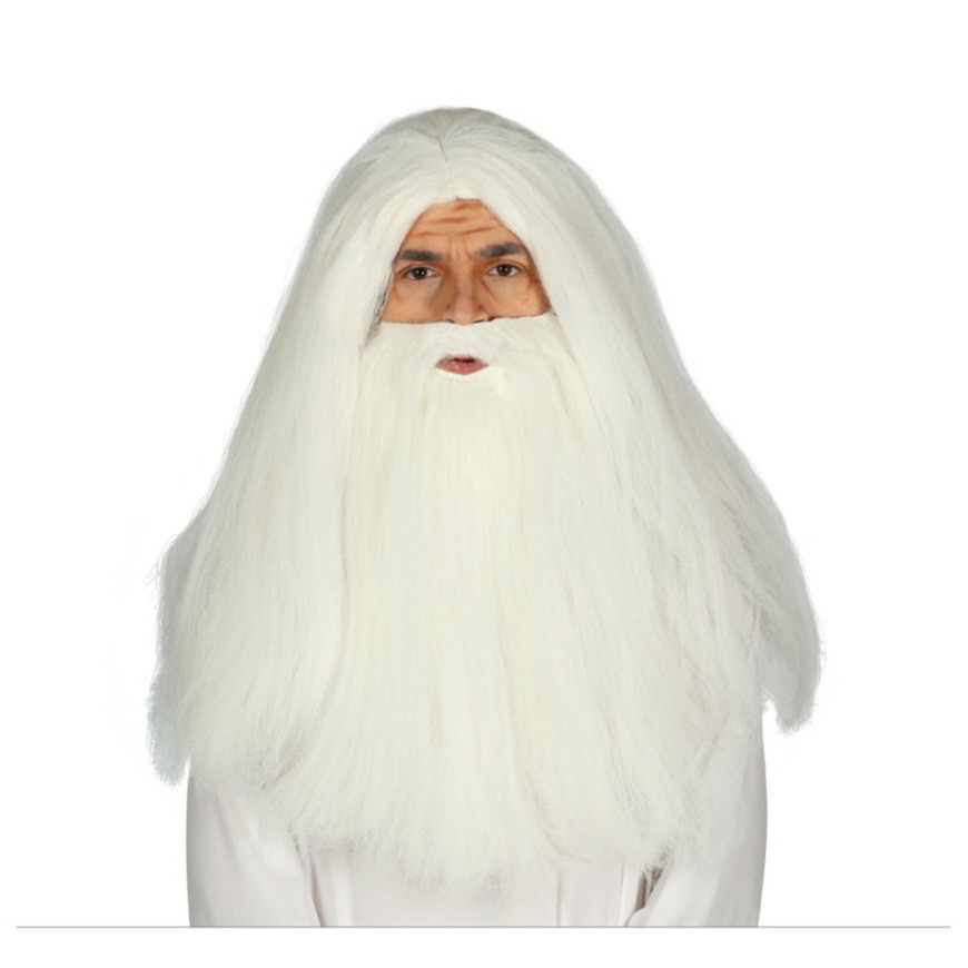 Verkleedpruik en baard tovenaar/wijze man - wit - voor heren -