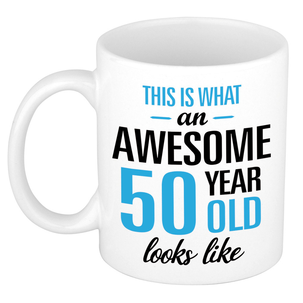 Verjaardag cadeau mok 50 jaar - blauw - grappige tekst - 300 ml - keramiek - Abraham -