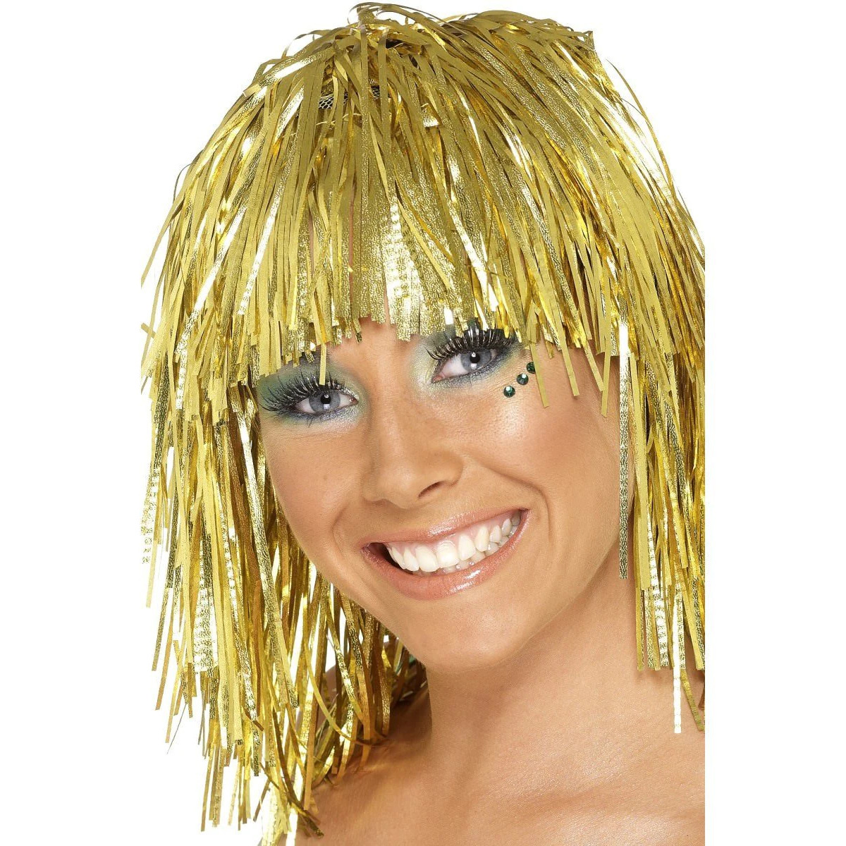 Lurex verkleed pruik - metallic goud - tinsel slierten pruiken - disco thema -