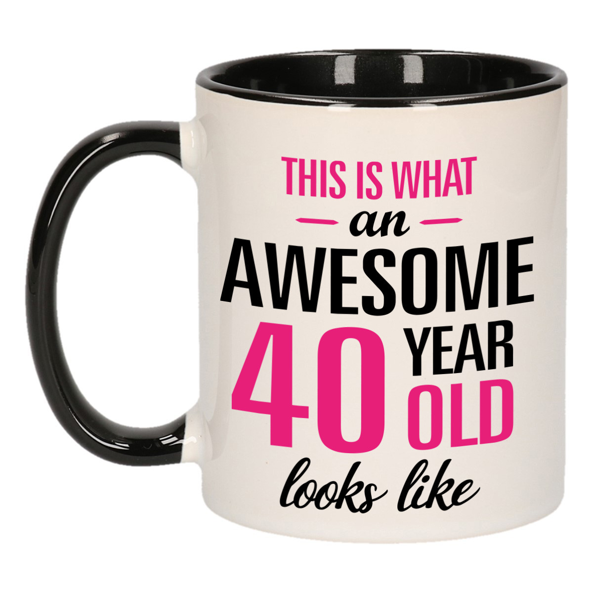Verjaardag cadeau mok 40 jaar - zwart/roze - grappige tekst - 300 ml - keramiek -