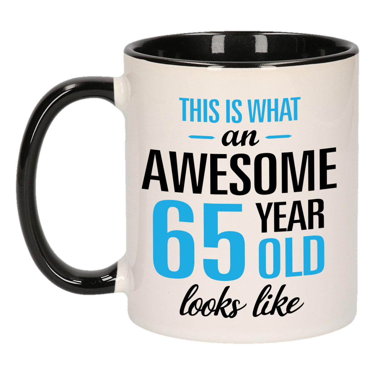 Verjaardag cadeau mok 65 jaar - zwart/blauw - grappige tekst - 300 ml - keramiek -