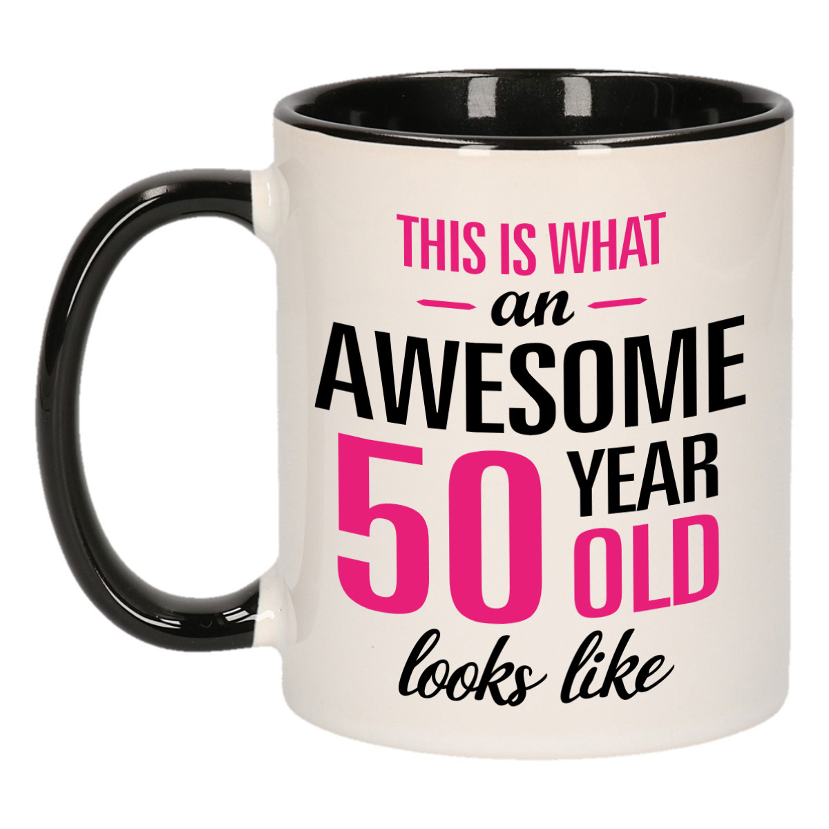 Verjaardag cadeau mok 50 jaar - zwart/roze - grappige tekst - 300 ml - keramiek - Sarah -