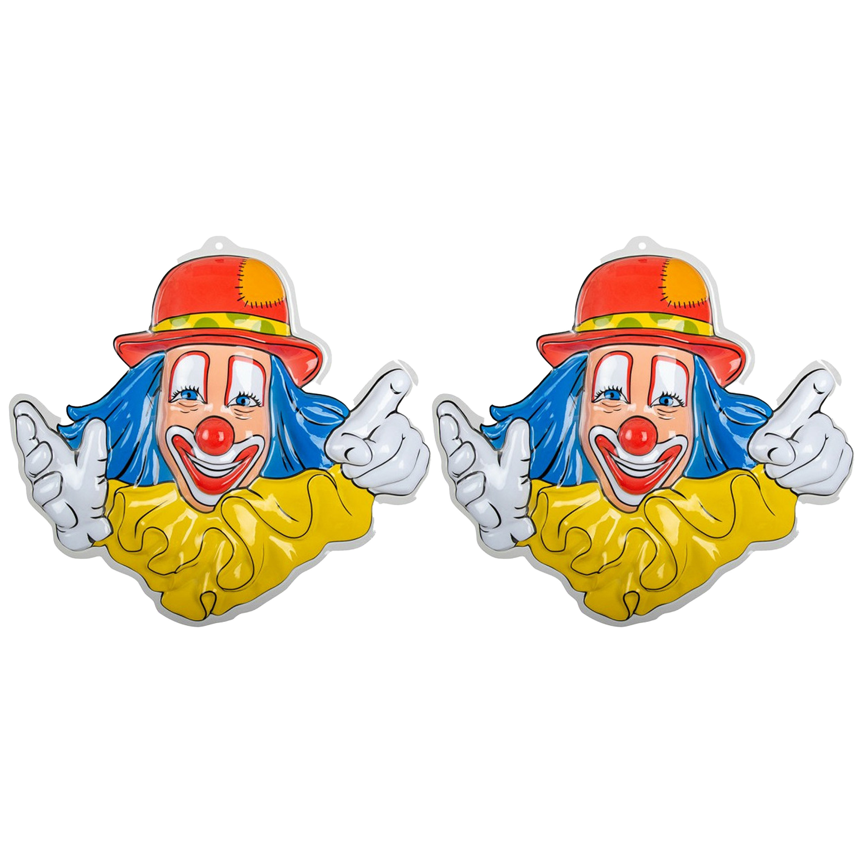 Carnaval/party decoratie bord - 2x - Clown hoofd - wand/muur versiering - 50 x 50 cm - plastic -