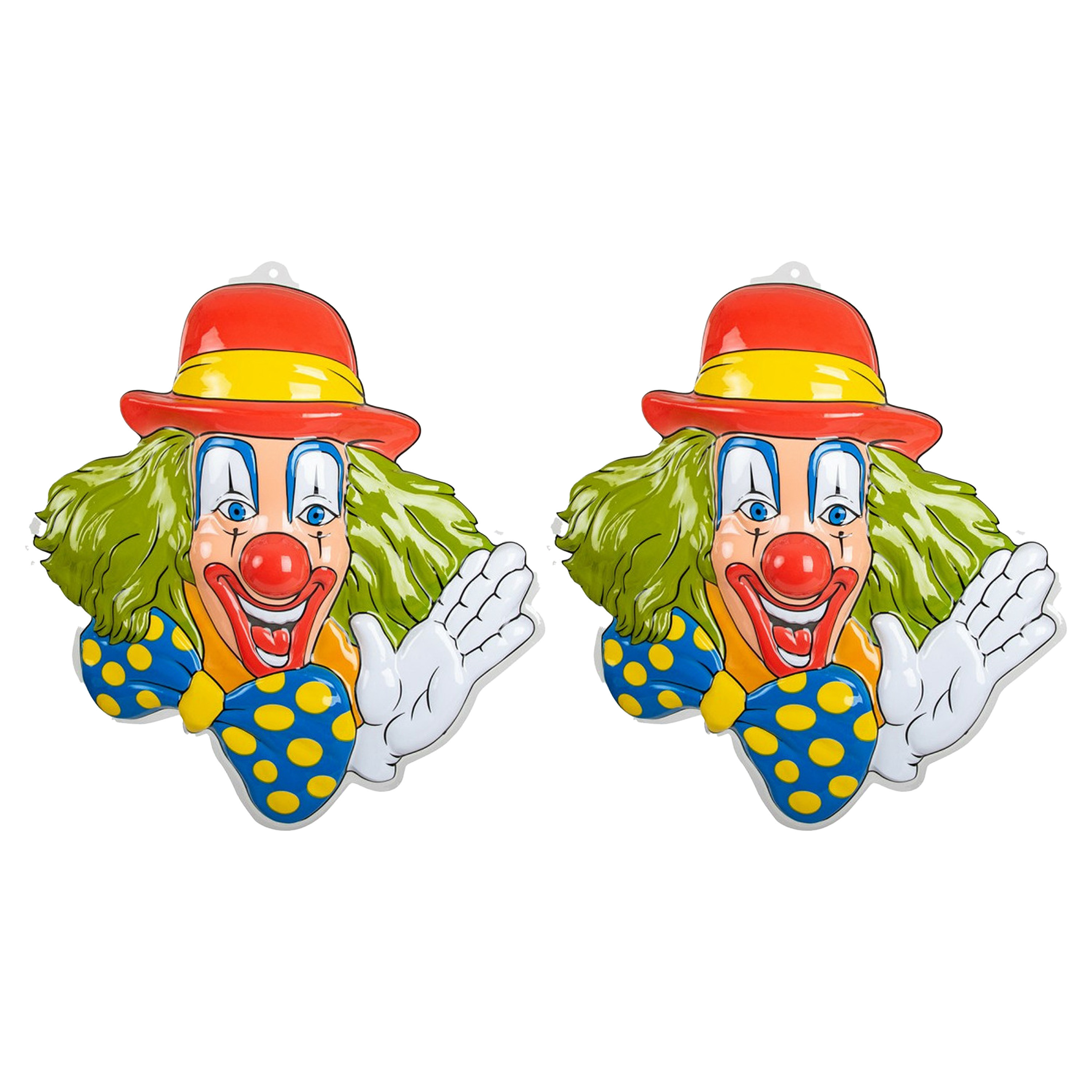 Carnaval/party decoratie bord - 2x - Clown hoofd - wand/muur versiering - 50 x 50 cm - plastic -