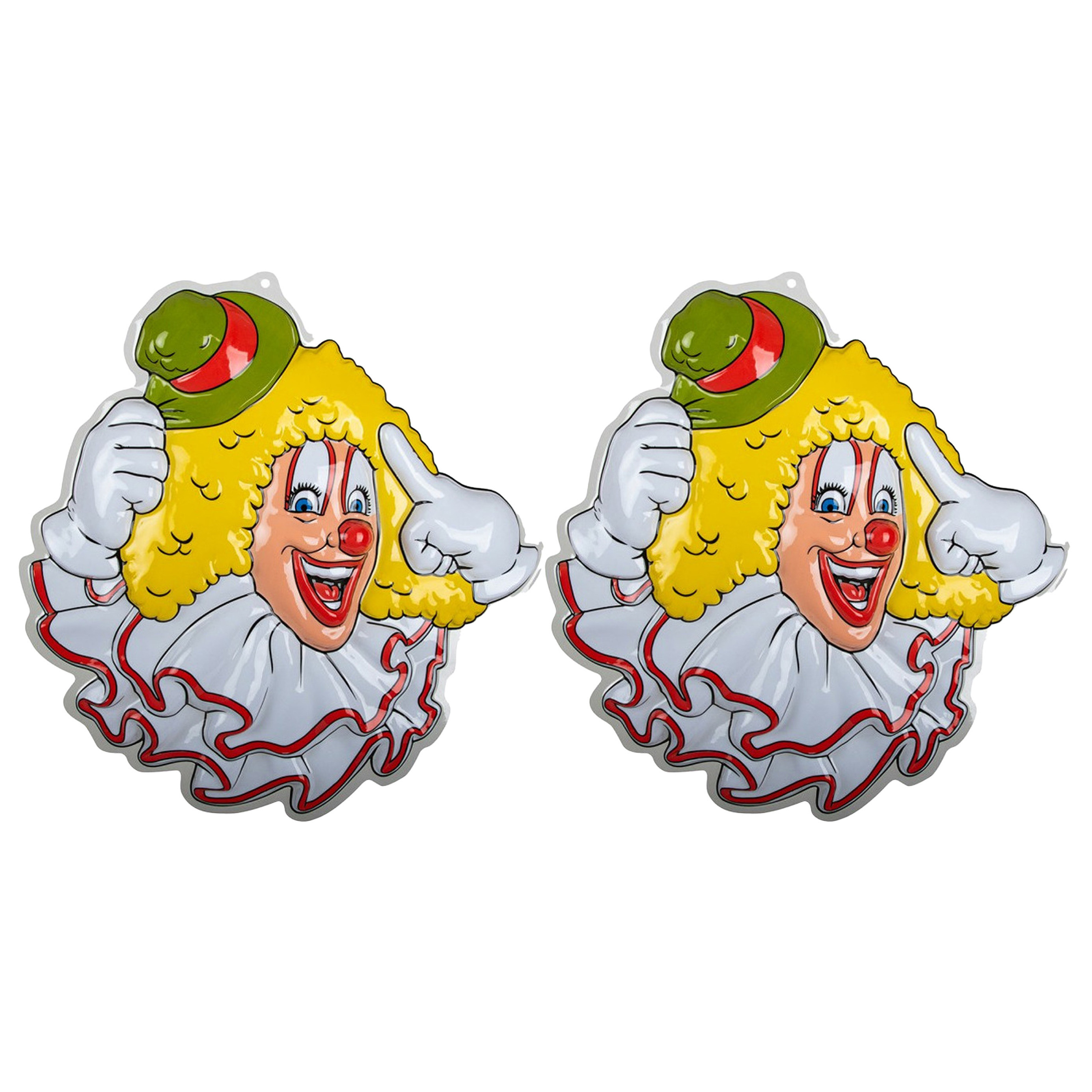 Carnaval/party decoratie bord - 2x - Clown hoofd - wand/muur versiering - 50 x 50 cm - plastic -