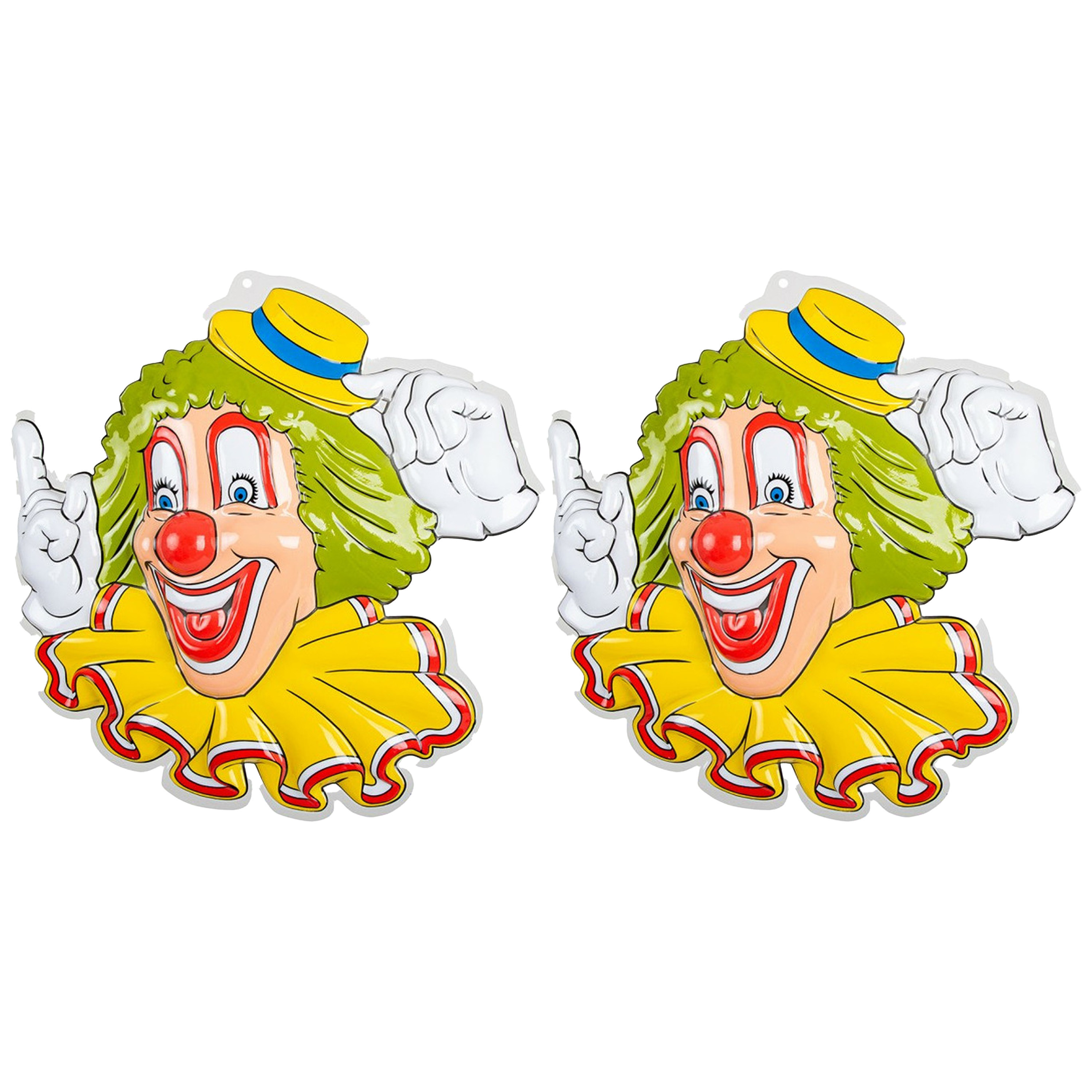 Carnaval/party decoratie bord - 2x - Clown hoofd - wand/muur versiering - 50 x 50 cm - plastic -