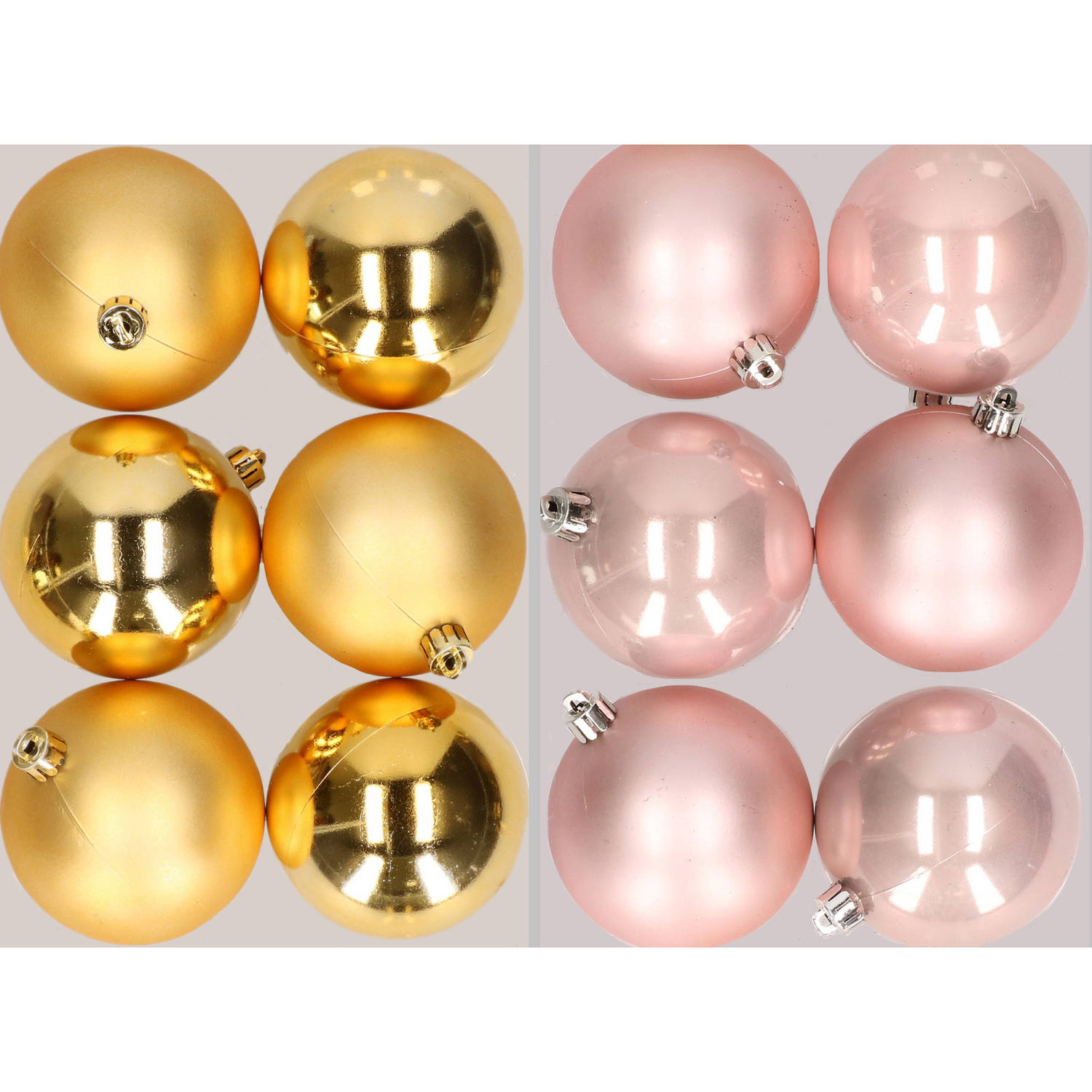 12x stuks kunststof kerstballen mix van goud en lichtroze 8 cm - Kerstbal
