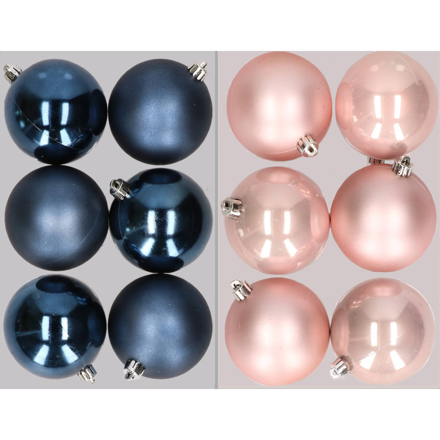 12x stuks kunststof kerstballen mix van donkerblauw en lichtroze 8 cm - Kerstbal