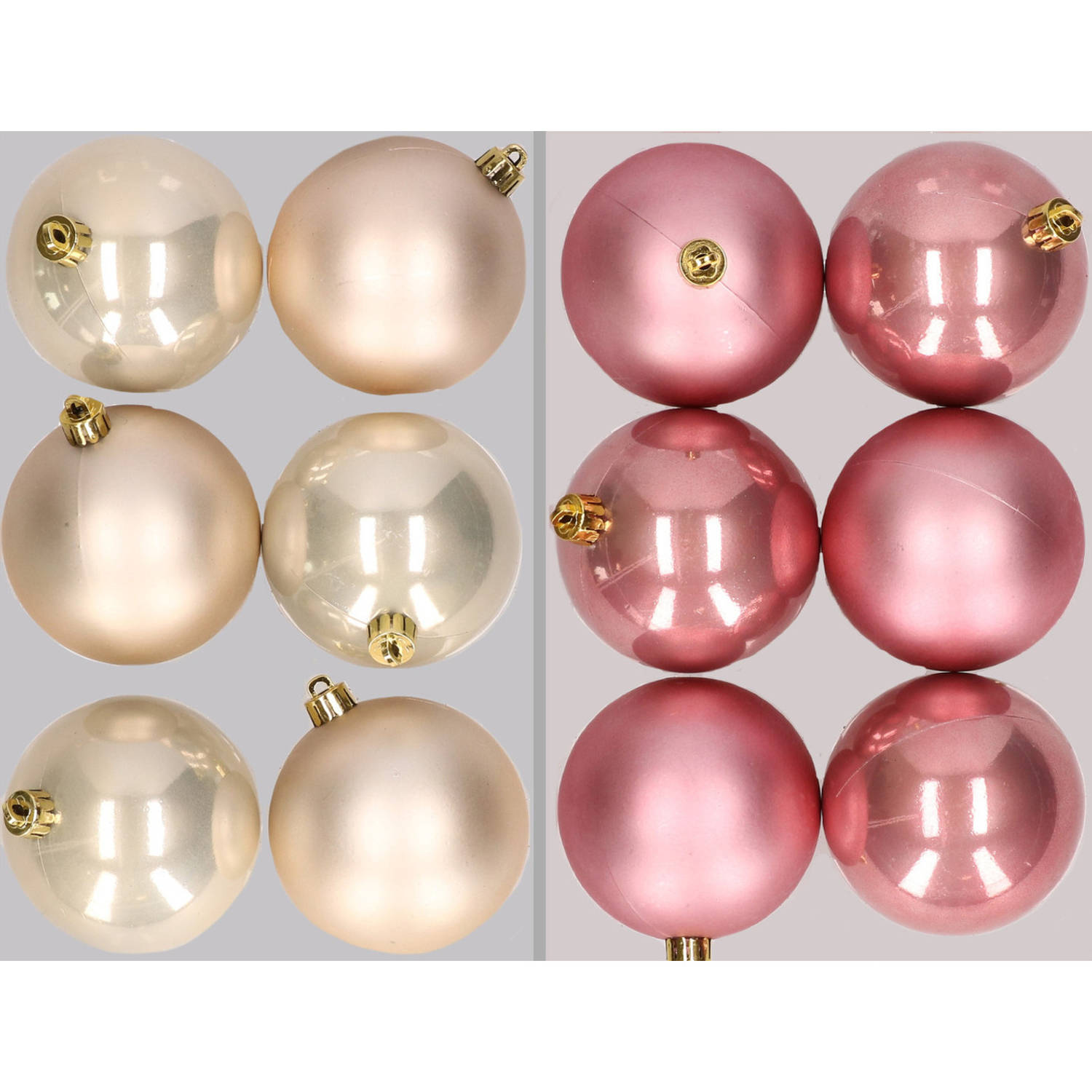12x stuks kunststof kerstballen mix van champagne en oudroze 8 cm - Kerstbal