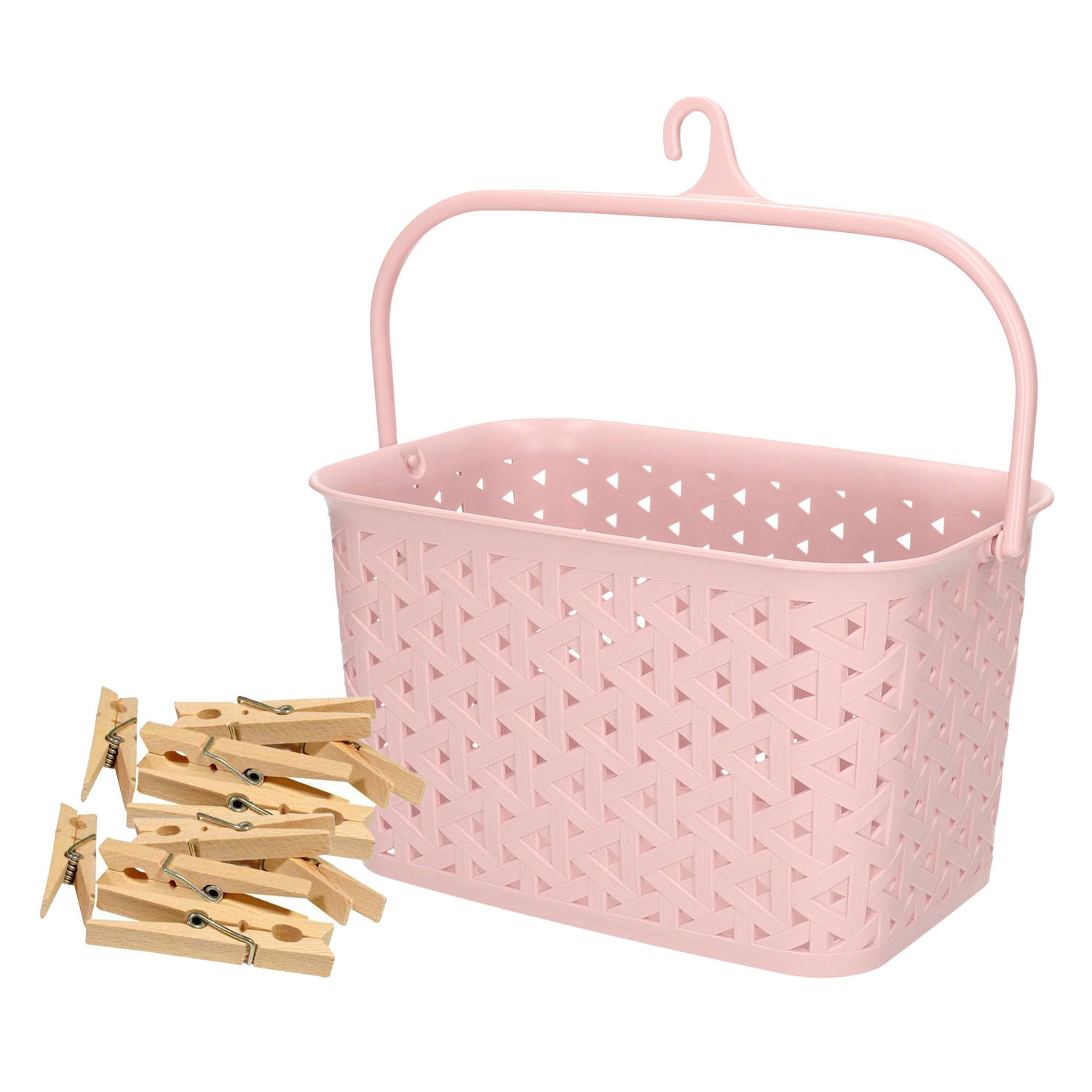 Wasknijpers mandje met ophanghaak - roze - gevuld met 96x houten wasknijpers van 7 cm - knijperszakken