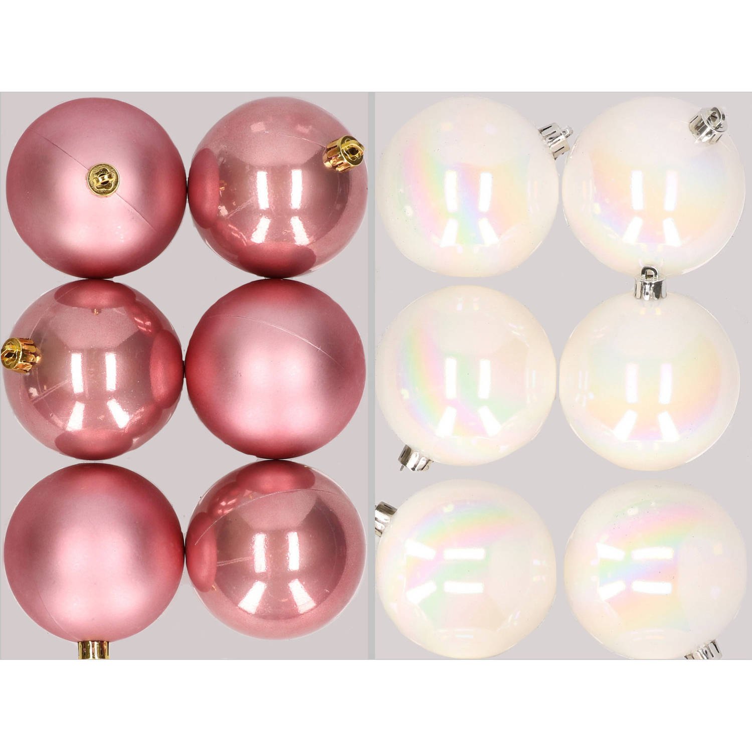 12x stuks kunststof kerstballen mix van oudroze en parelmoer wit 8 cm - Kerstbal
