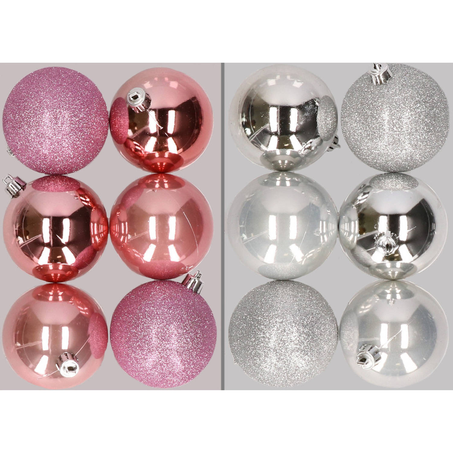 12x stuks kunststof kerstballen mix van roze en zilver 8 cm - Kerstbal