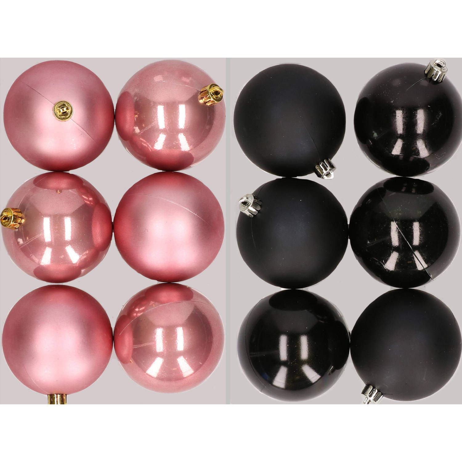 12x stuks kunststof kerstballen mix van oudroze en zwart 8 cm - Kerstbal