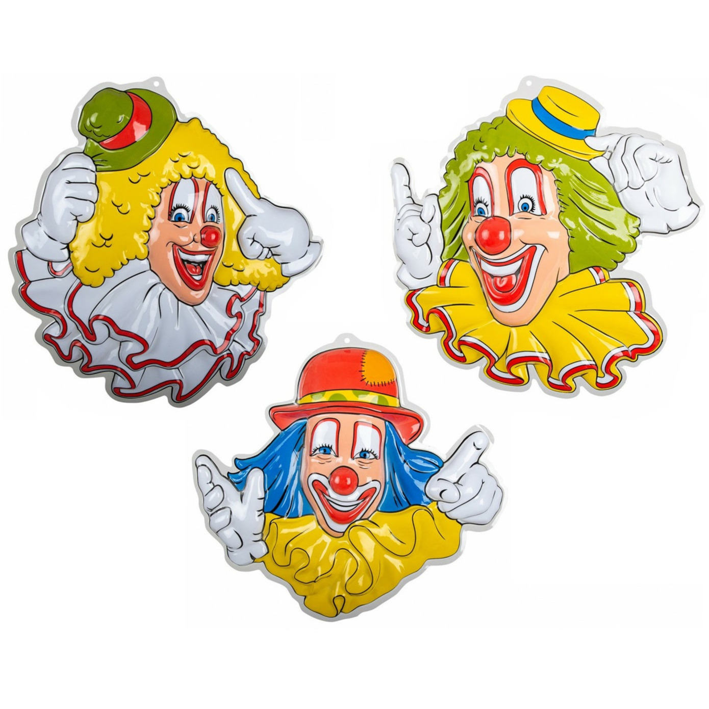 Carnaval/party decoratie borden - 3x Clown hoofden - wand/muur versiering - 50 x 50 cm - plastic -