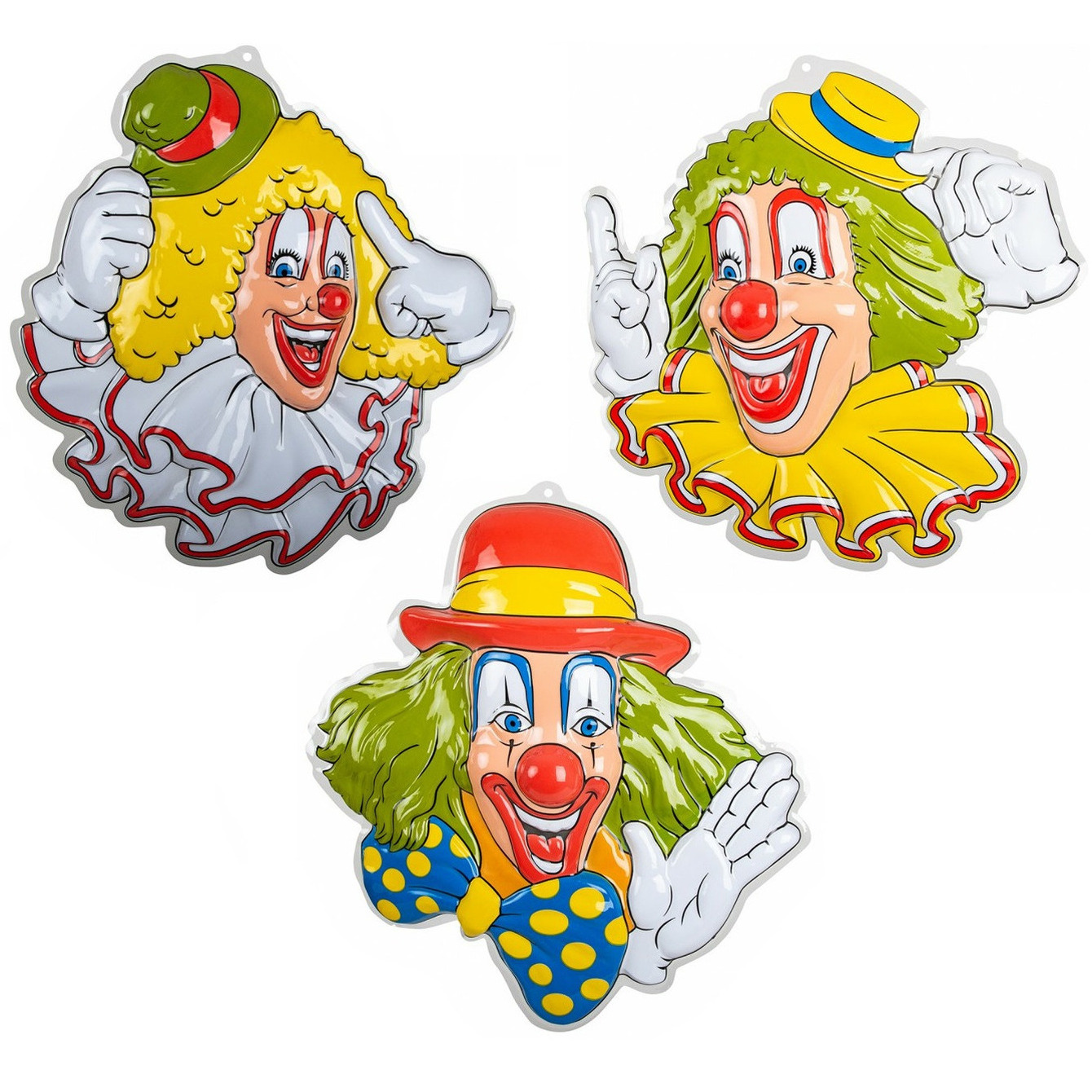 Carnaval/party decoratie borden - 3x Clown hoofden - wand/muur versiering - 50 x 50 cm - plastic -