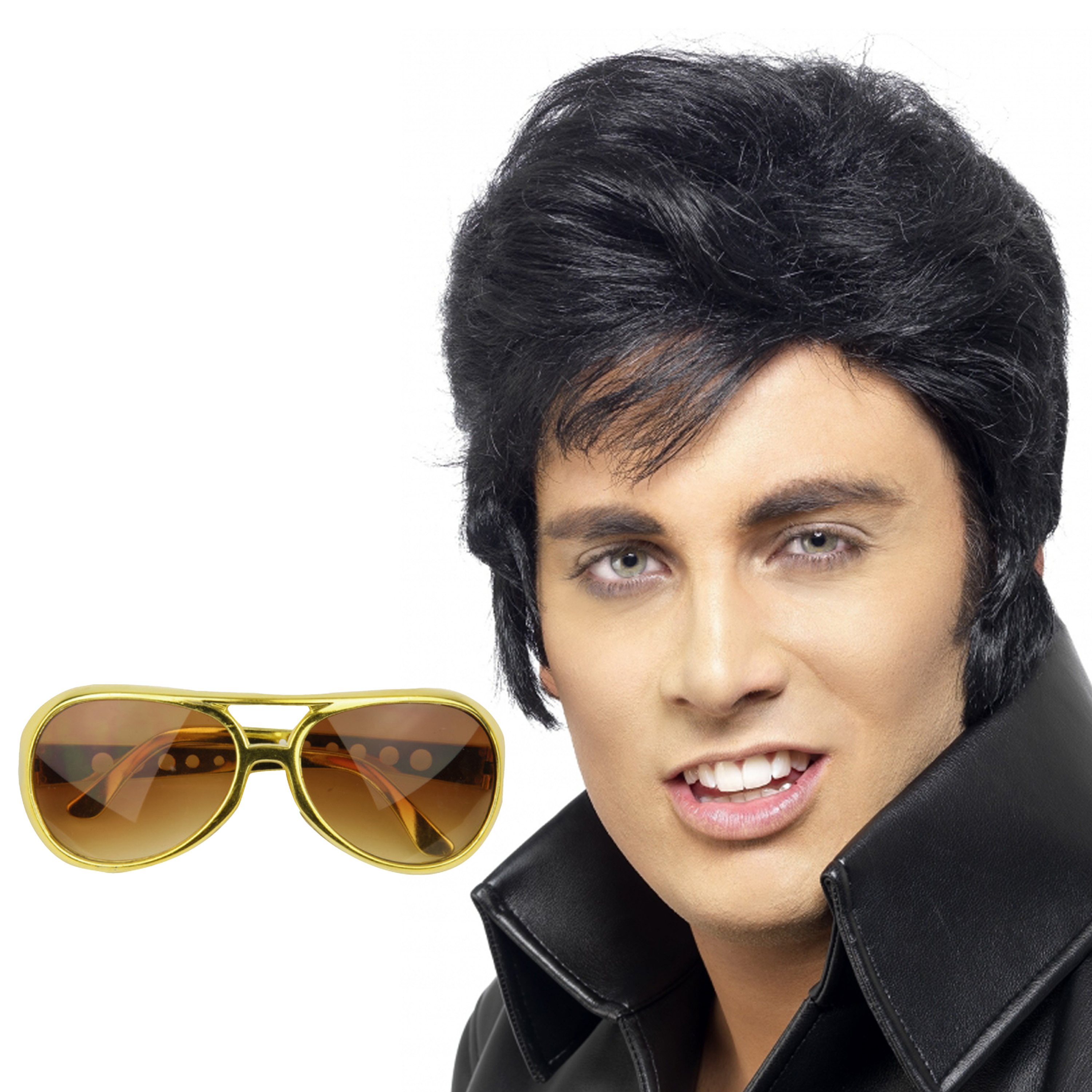 Rock and Roll ster Elvis verkleed set - herenpruik zwart met kuif - en bril goud montuur -