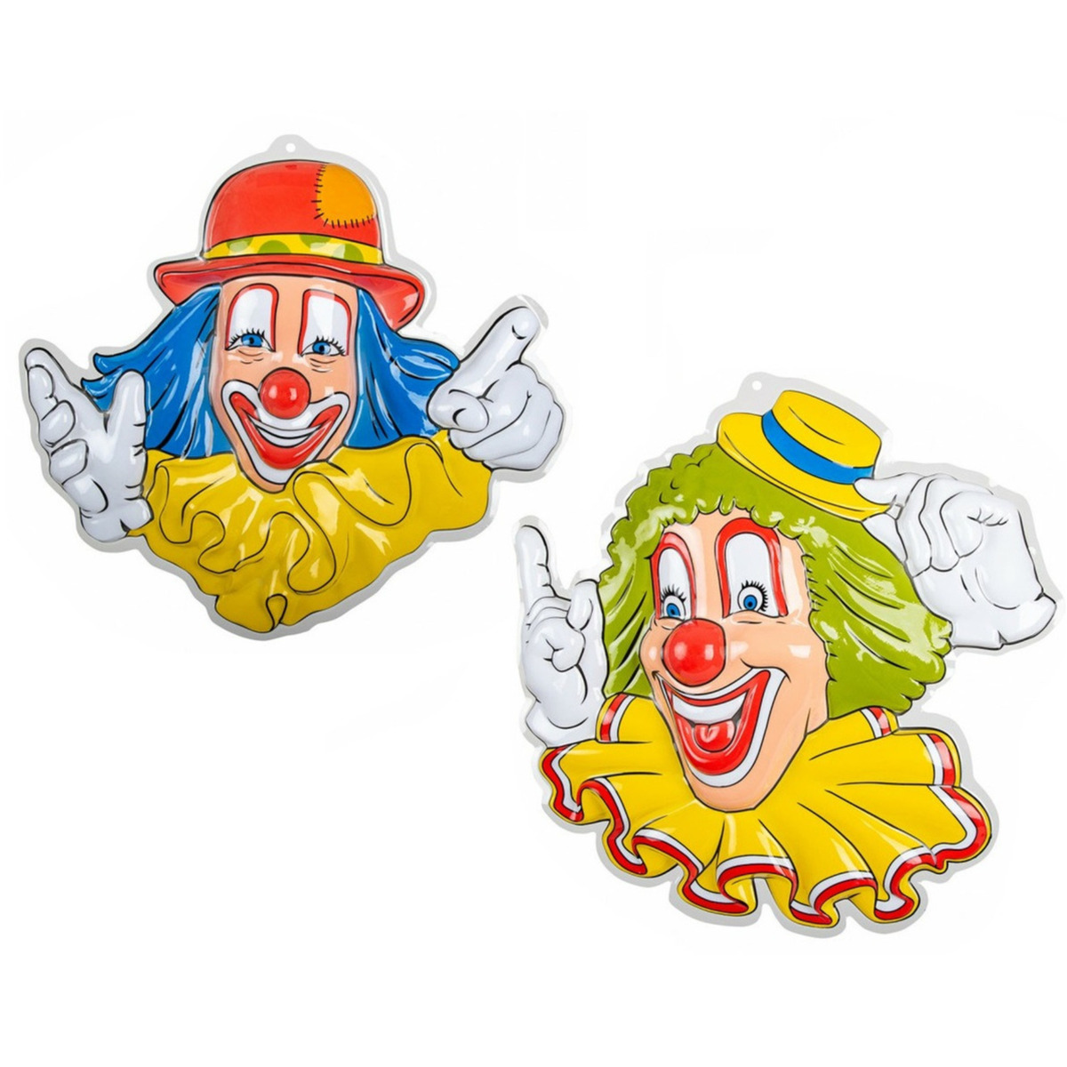 Carnaval/party decoratie borden - 2x Clown hoofden - wand/muur versiering - 50 x 50 cm - plastic -