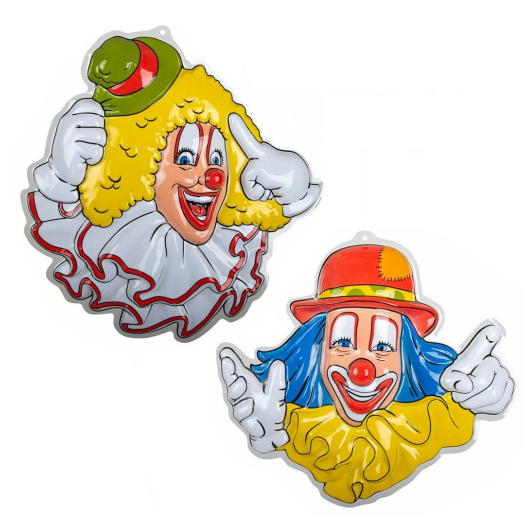 Carnaval/party decoratie borden - 2x Clown hoofden - wand/muur versiering - 50 x 50 cm - plastic -