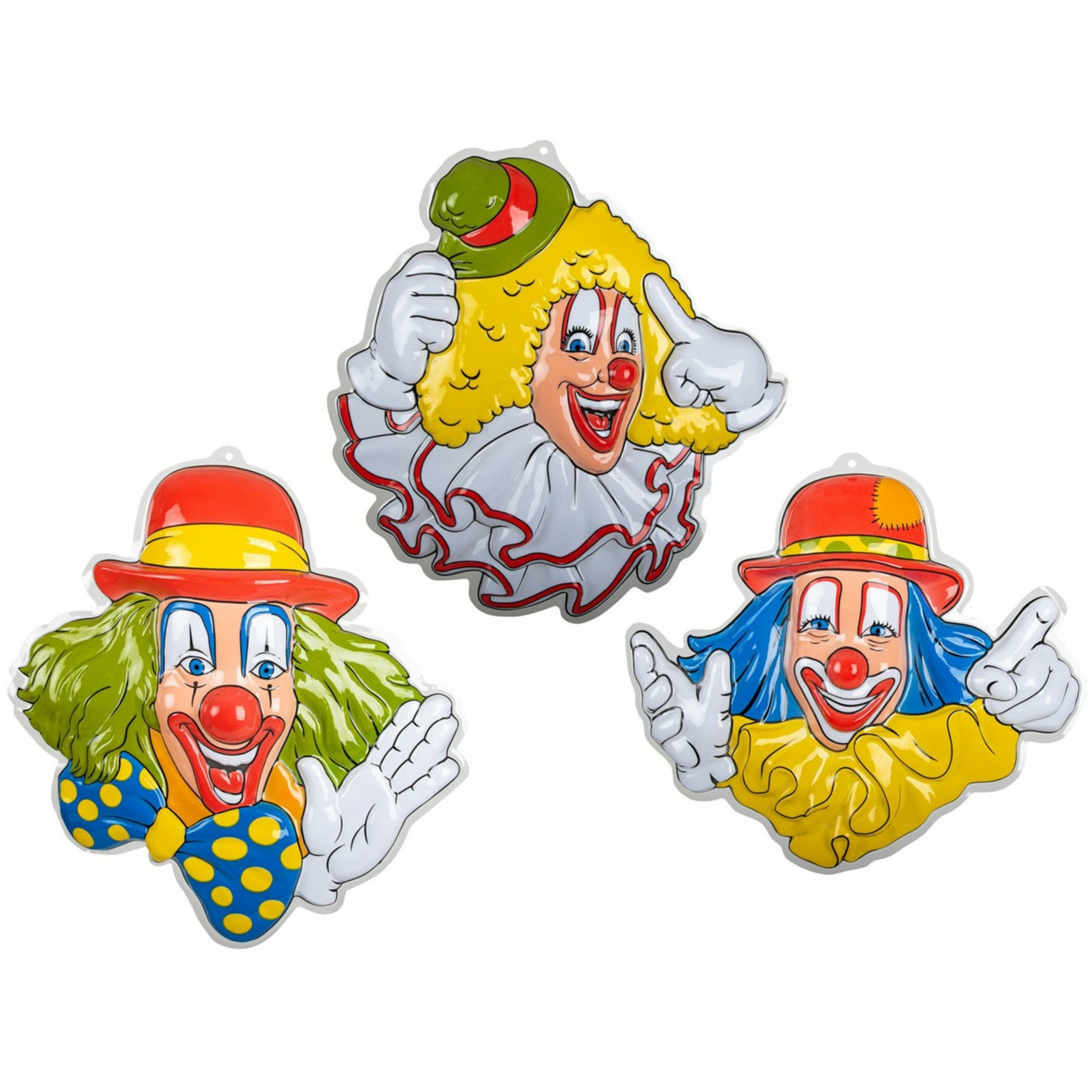 Carnaval/party decoratie borden - 3x Clown hoofden - wand/muur versiering - 50 x 50 cm - plastic -