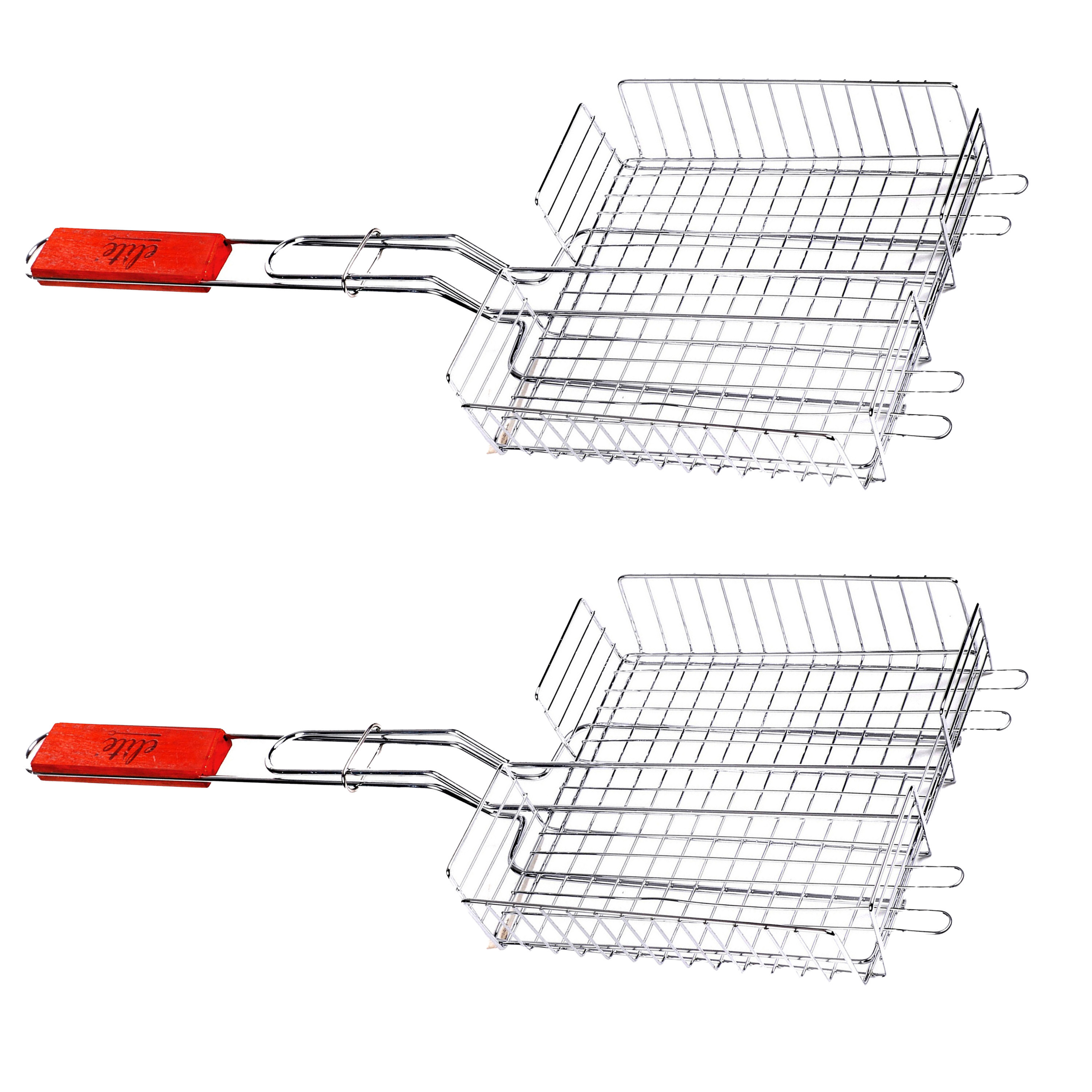 BBQ/barbecue rooster - 2x - grill mand - metaal/hout - 32 x 57 x 5 cm -