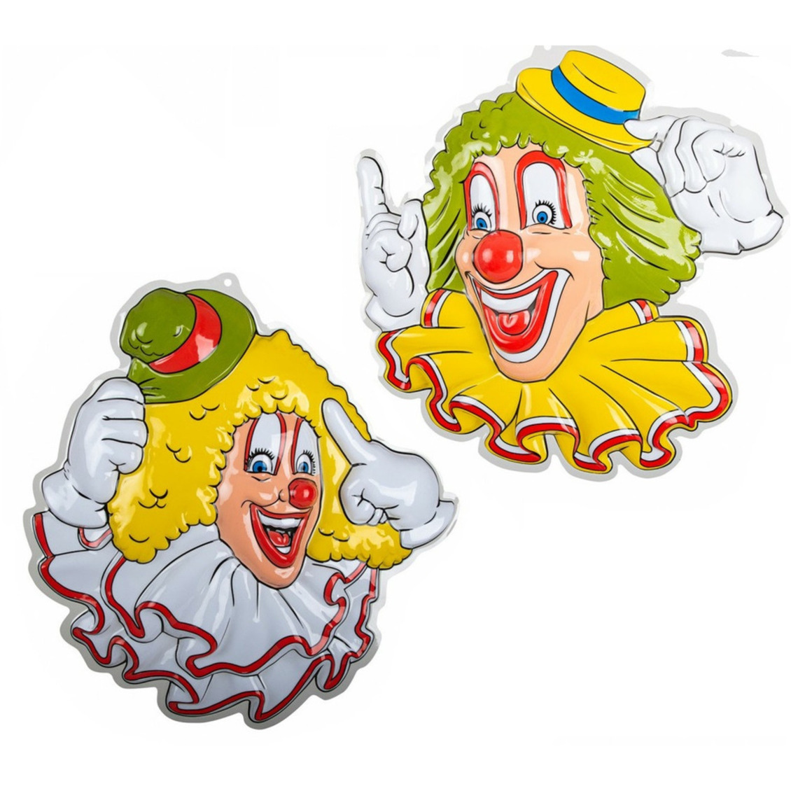 Carnaval/party decoratie borden - 2x Clown hoofden - wand/muur versiering - 50 x 50 cm - plastic -