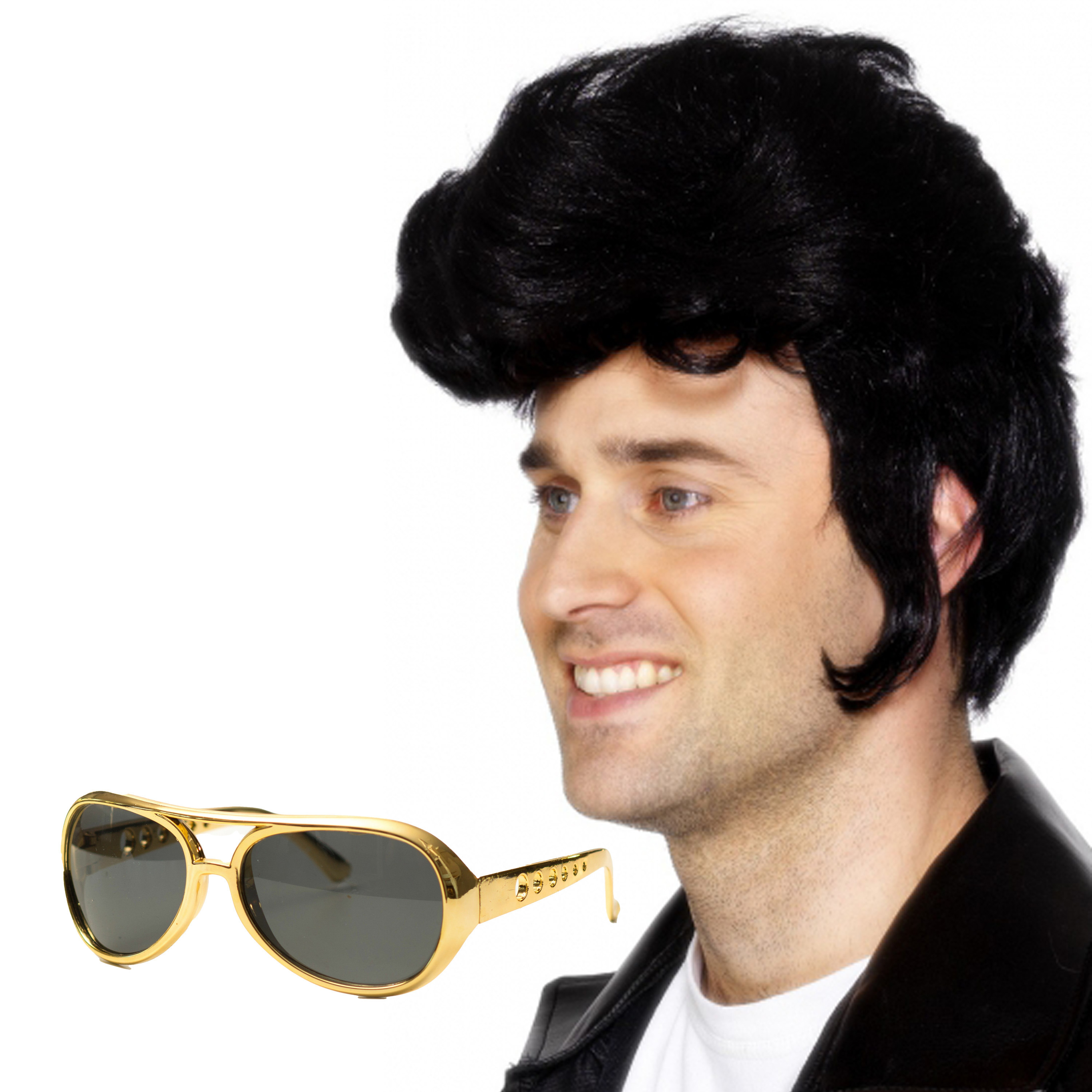 Rock and Roll ster Elvis verkleed set - herenpruik zwart met kuif - en bril goud montuur -