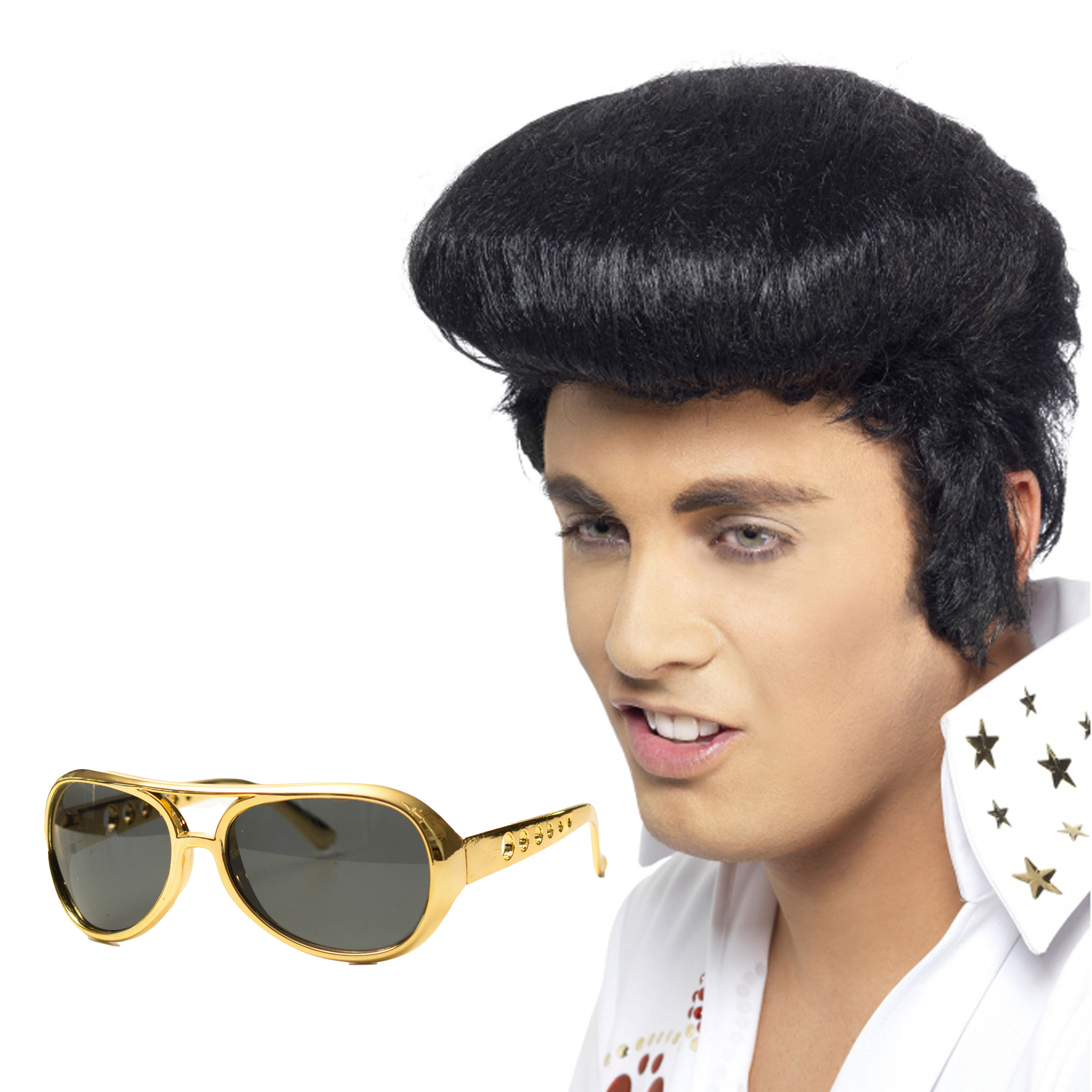 Rock and Roll ster Elvis verkleed set - herenpruik zwart met kuif - en bril goud montuur -