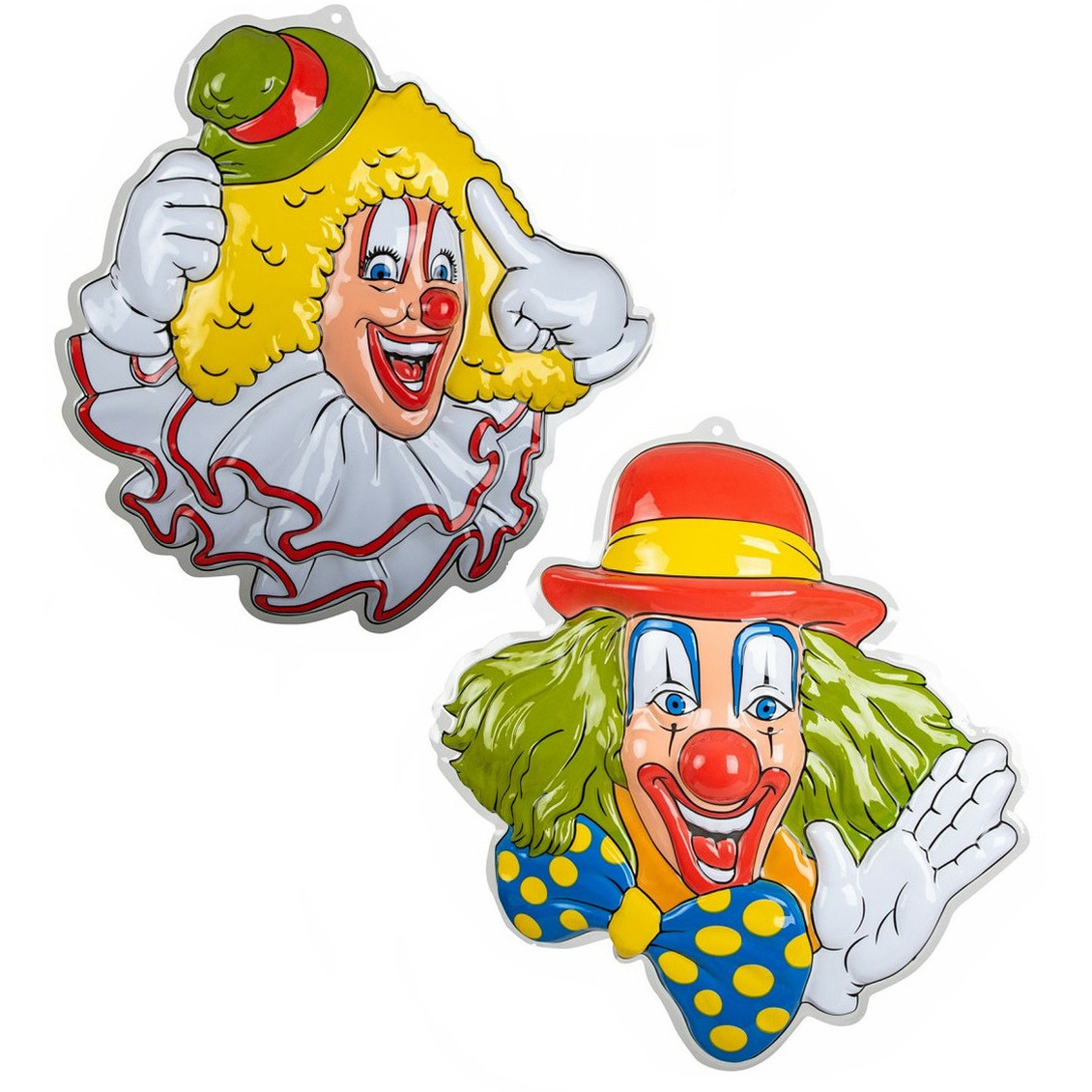 Carnaval/party decoratie borden - 3x Clown hoofden - wand/muur versiering - 50 x 50 cm - plastic -