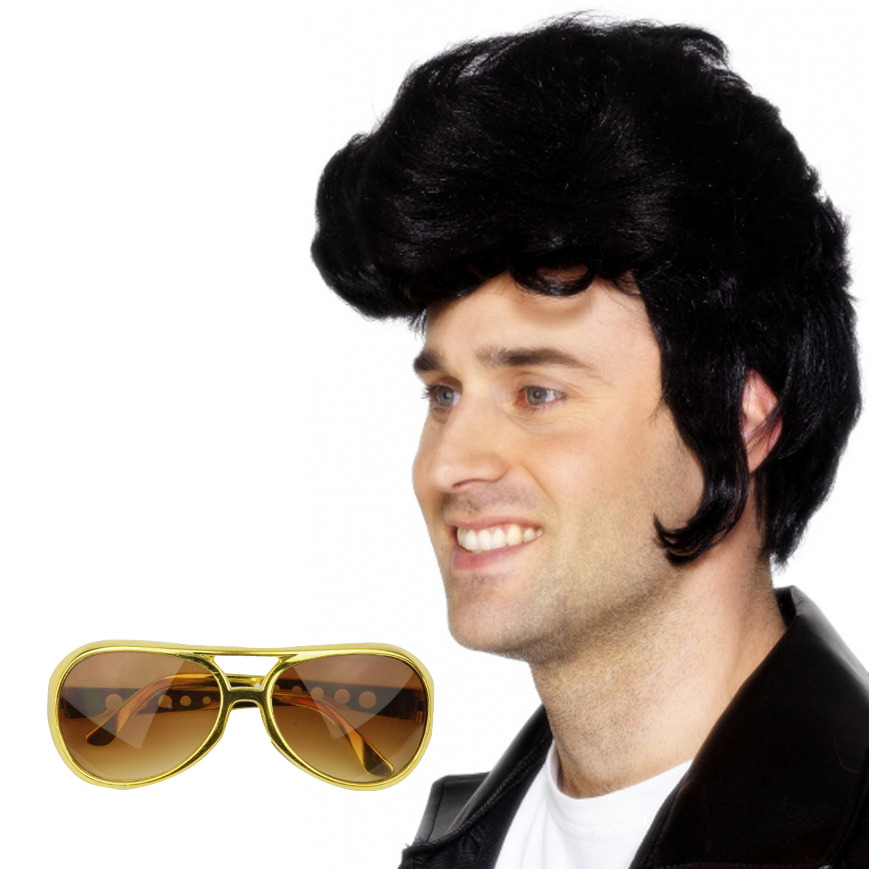 Rock and Roll ster Elvis verkleed set - herenpruik zwart met kuif - en bril goud montuur -