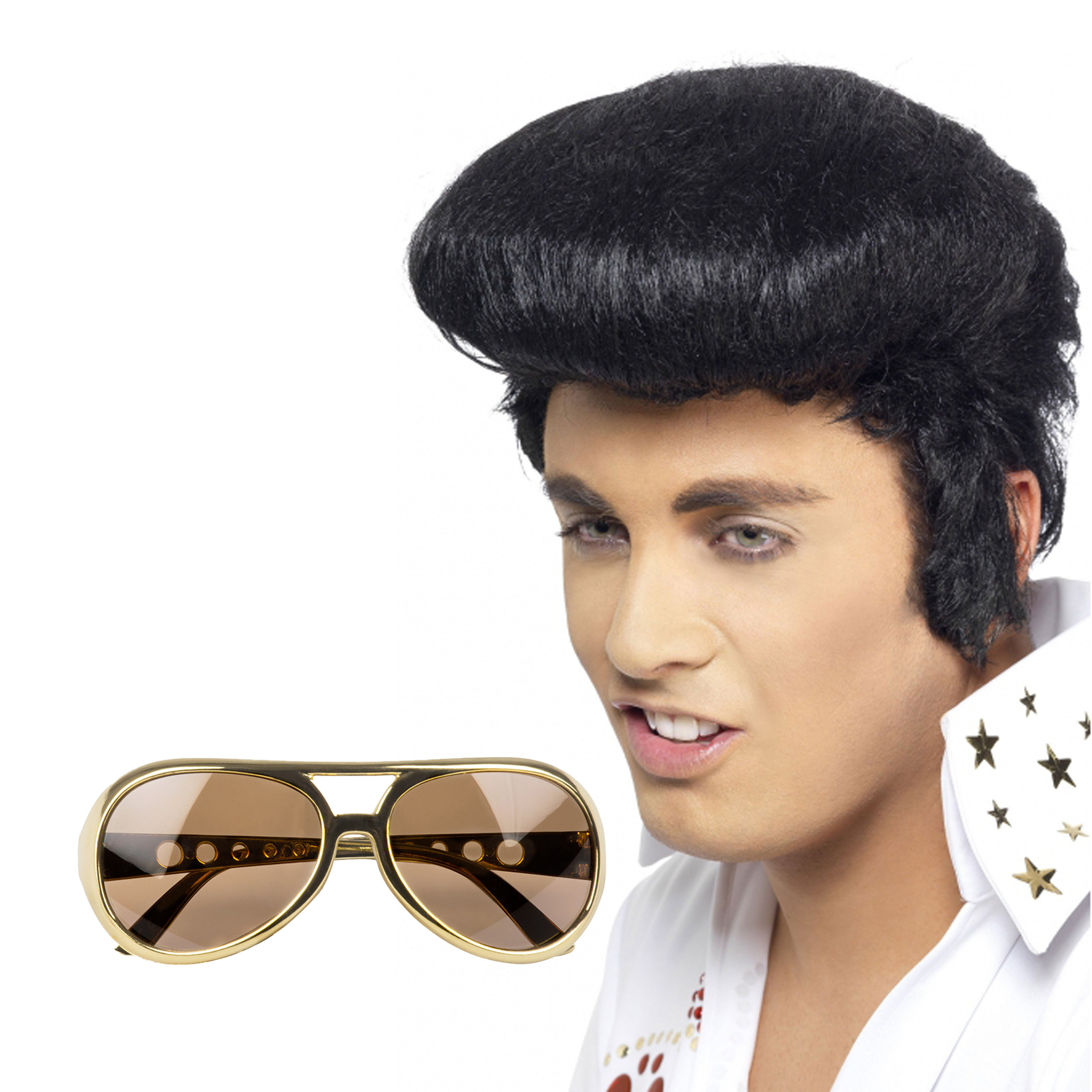 Rock and Roll ster Elvis verkleed set - herenpruik zwart met kuif - en bril goud montuur -