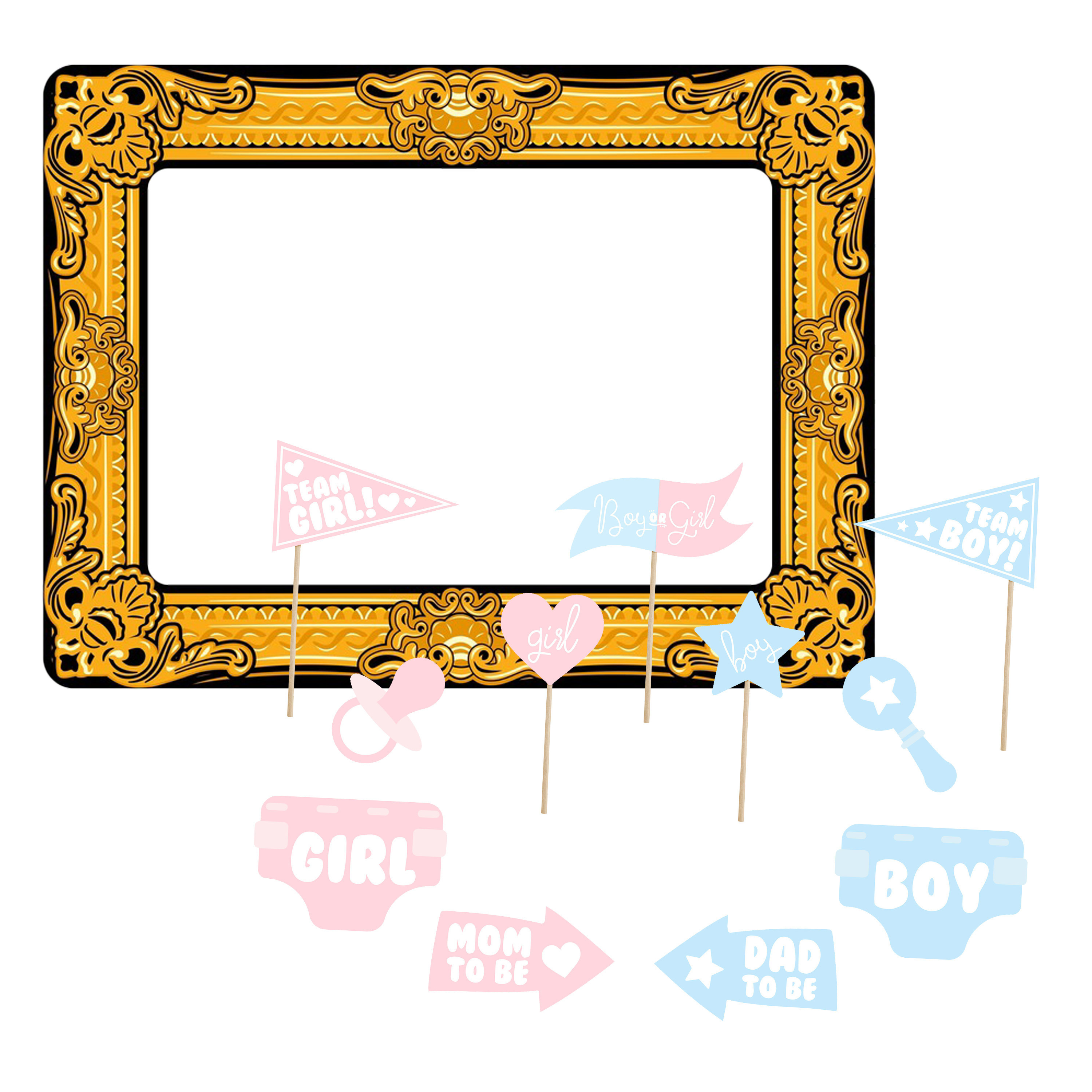 Babyshower foto prop set met frame - 12-delig - opblaasbare fotolijst - photo booth accessoires -