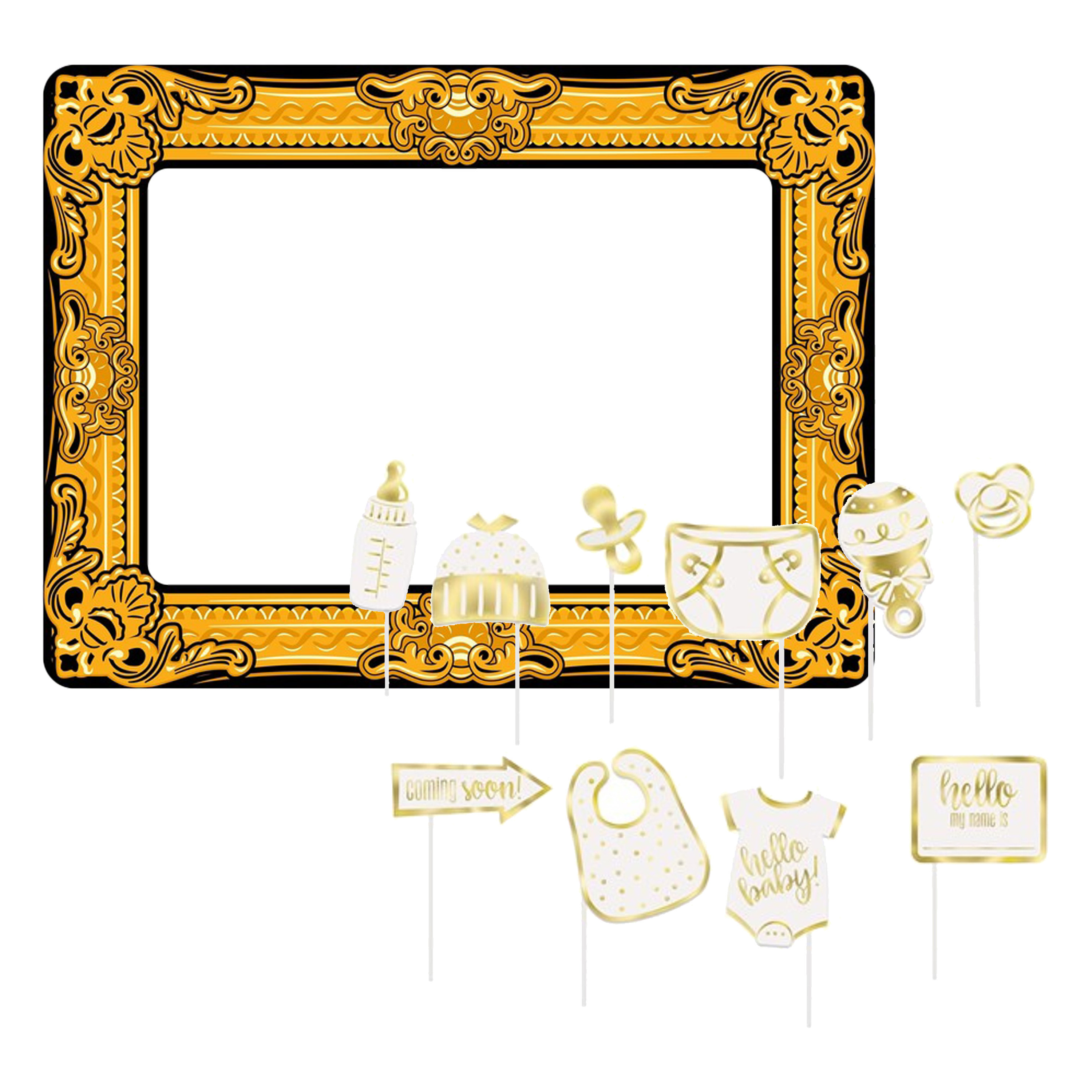 Babyshower foto prop set met frame - 11-delig - opblaasbare fotolijst - photo booth accessoires -