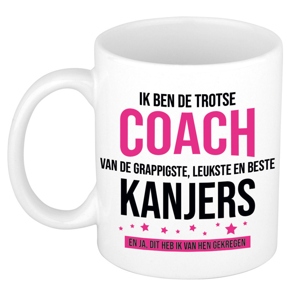 Cadeau koffie/thee mok voor coach/trainer - roze - trotse coach - keramiek - 300 ml -