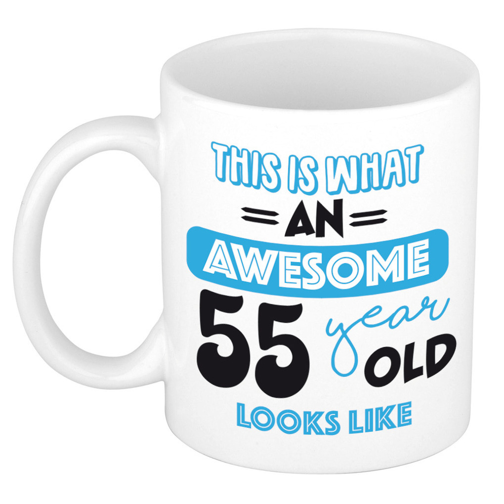 Verjaardag cadeau mok 55 jaar - blauw - grappige tekst - 300 ml - keramiek -