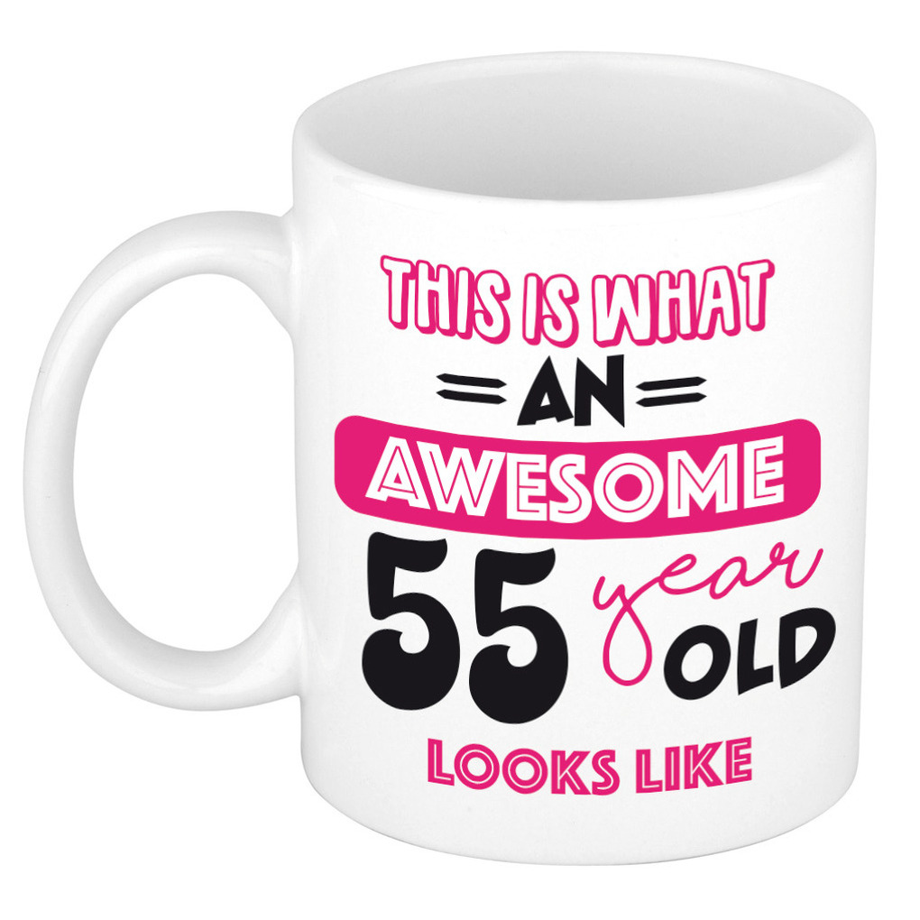 Verjaardag cadeau mok 55 jaar - roze - grappige tekst - 300 ml - keramiek -