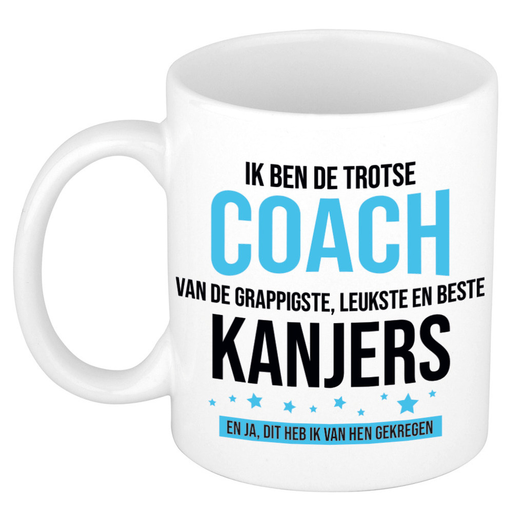 Cadeau koffie/thee mok voor coach/trainer - blauw - trotse coach - keramiek - 300 ml -