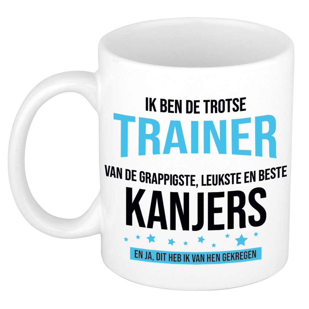 Cadeau koffie/thee mok voor trainer/coach - blauw - trotse trainer - keramiek - 300 ml -