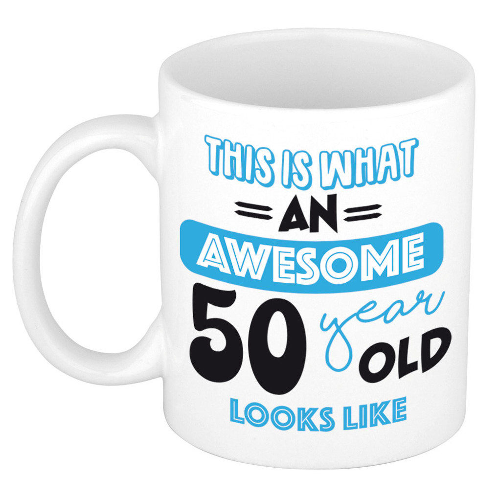 Verjaardag cadeau mok 50 jaar - blauw - grappige tekst - 300 ml - keramiek - Abraham -