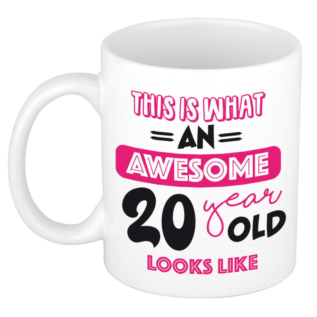 Verjaardag cadeau mok 20 jaar - roze - grappige tekst - 300 ml - keramiek -