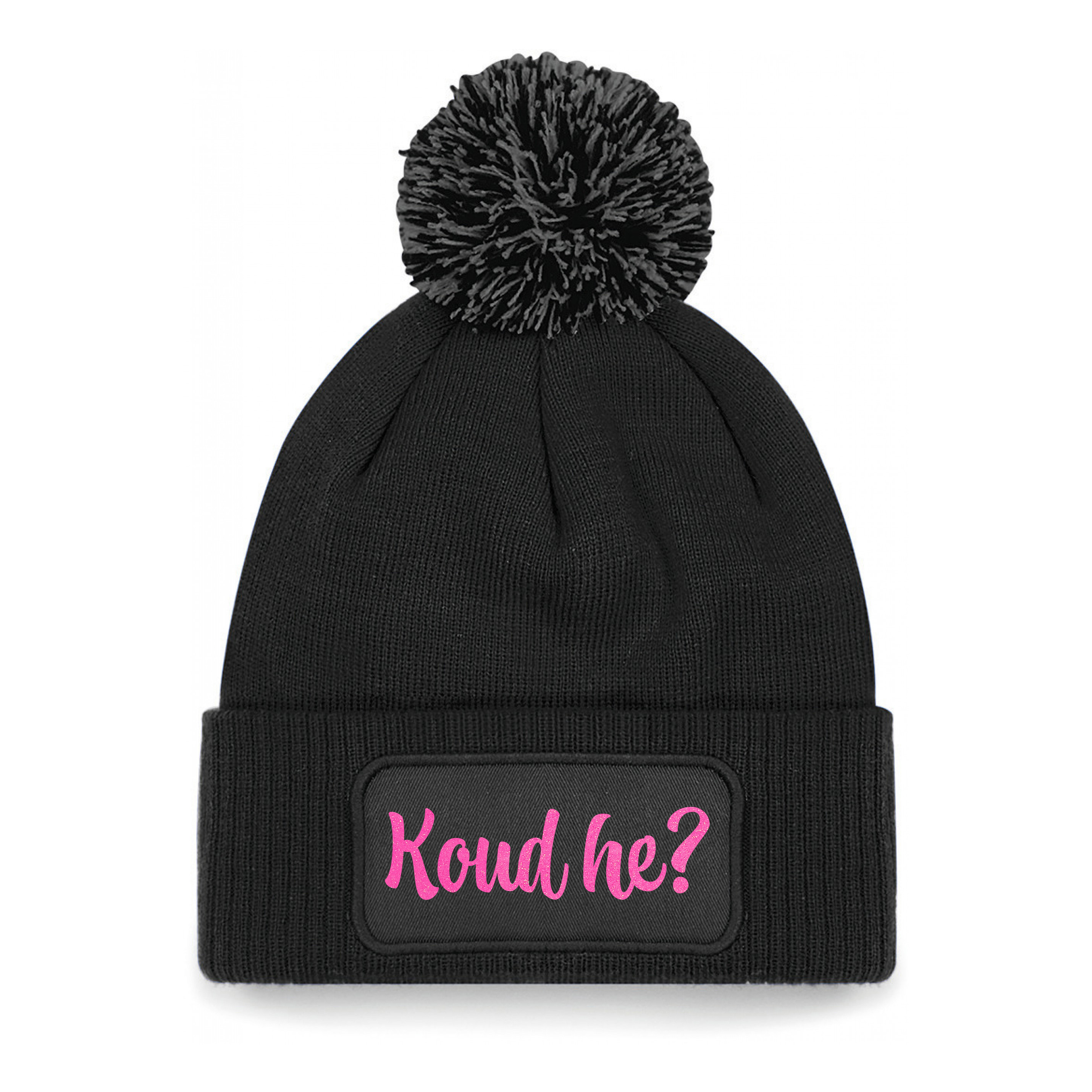 Wintersport muts met pompom - Koud He - zwart - roze glitters - one size - volwassenen - Apres ski One size -