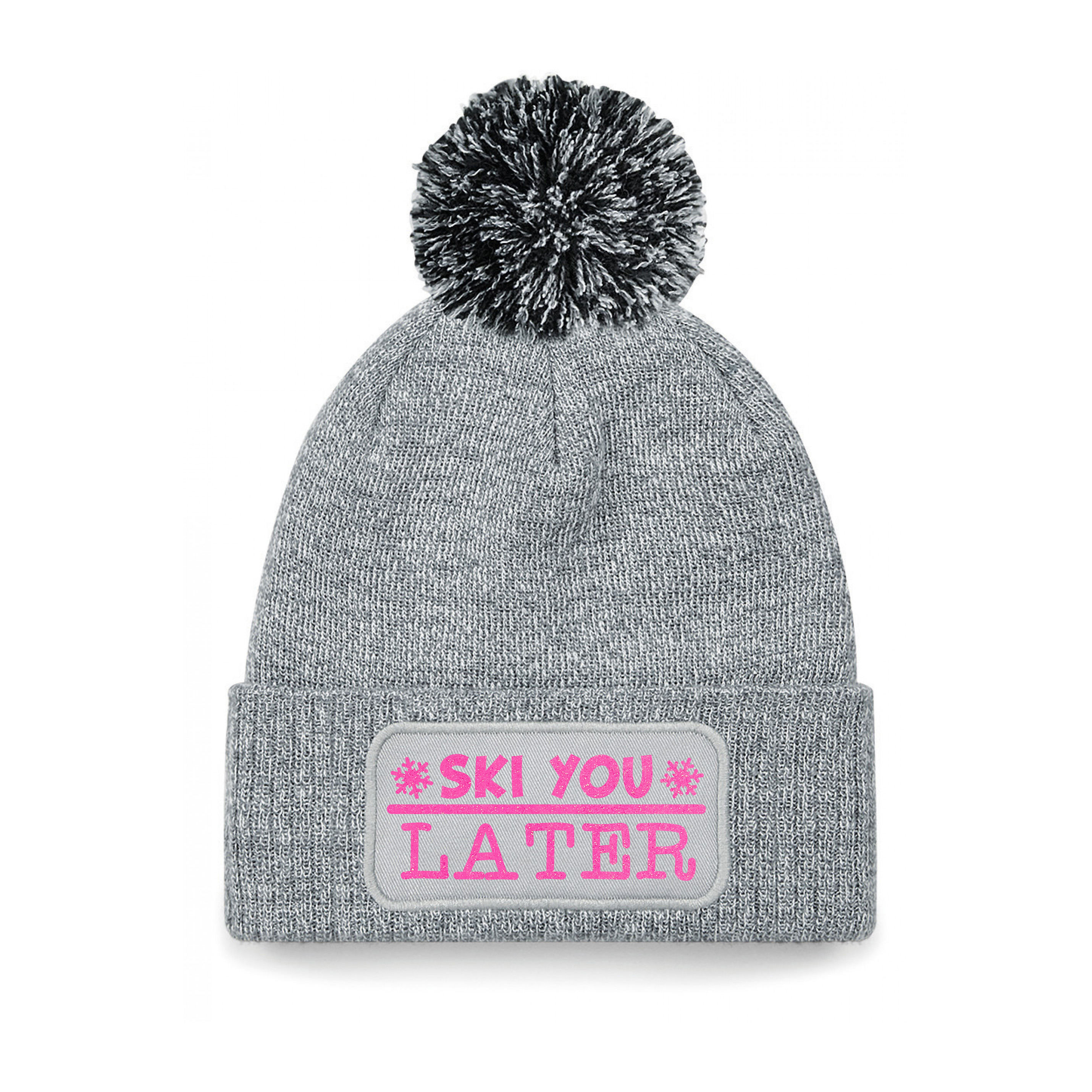 Wintersport muts met pompom - Ski You Later - grijs - glitters - one size - volwassenen - Apres ski One size -